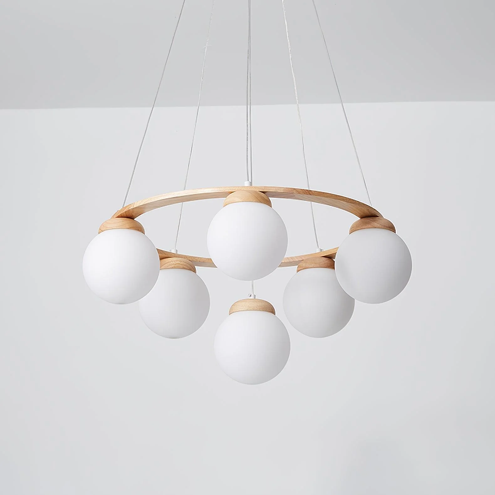 Lustra Chandelier Wood Ring Opal Glass Globes - Image 21