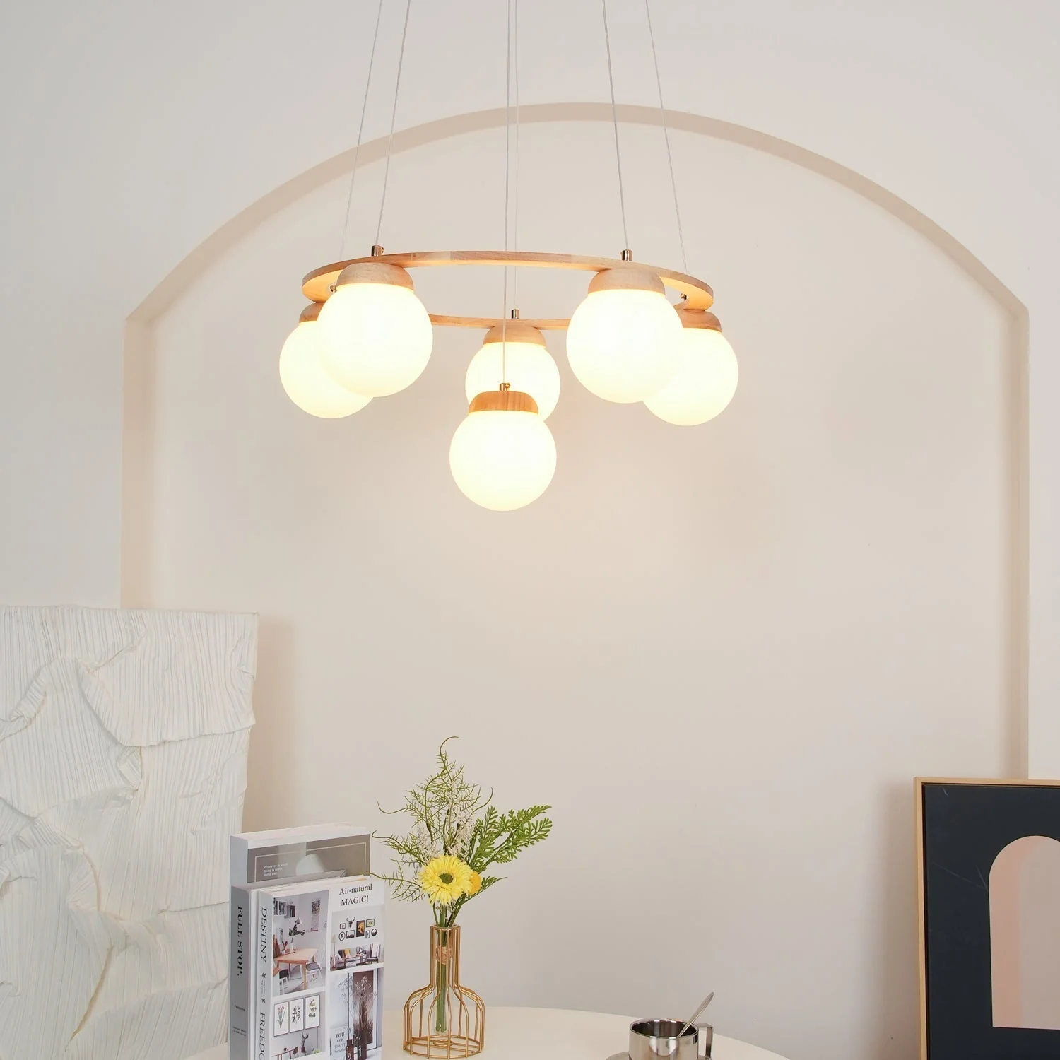 Lustra Chandelier Wood Ring Opal Glass Globes - Image 23