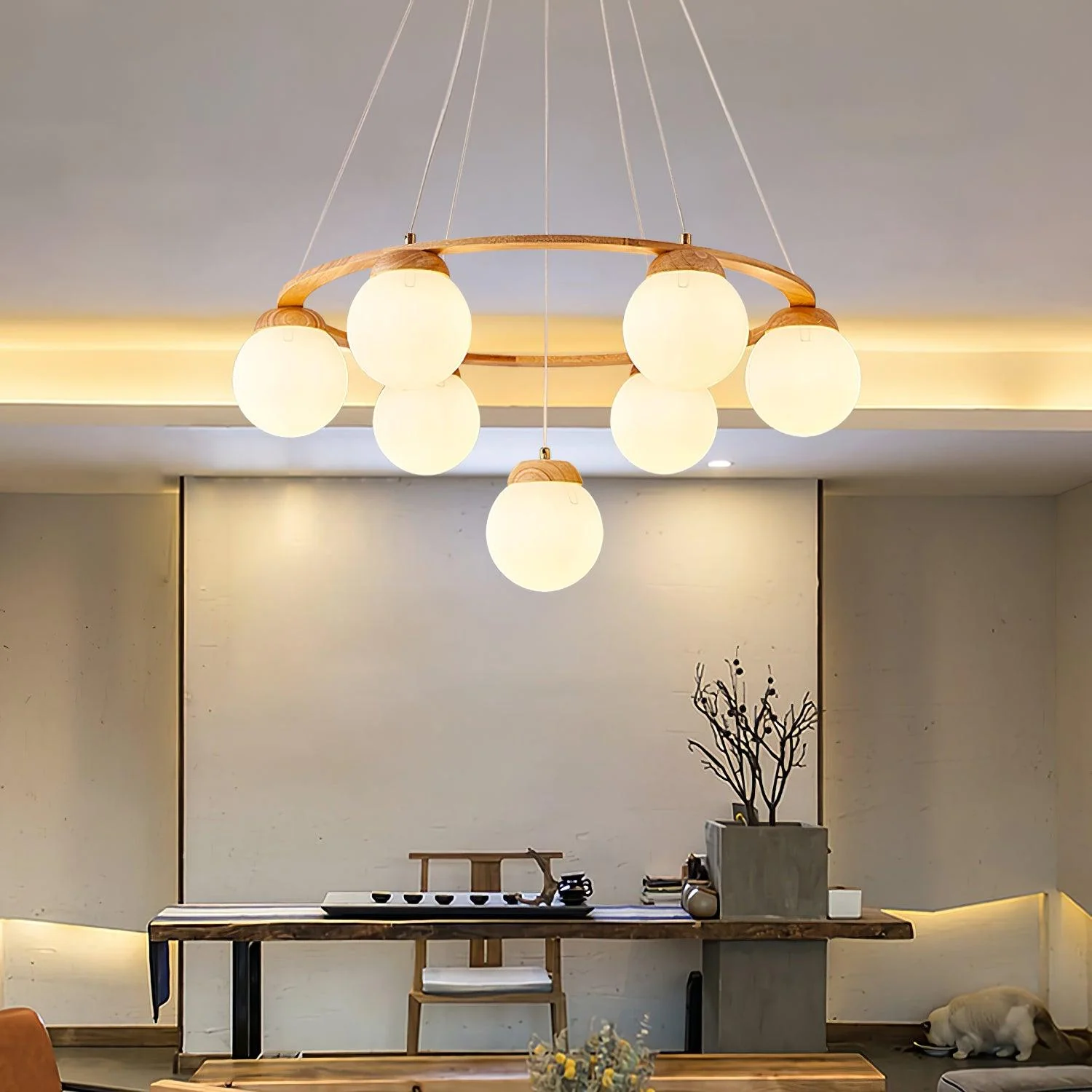 Lustra Chandelier Wood Ring Opal Glass Globes - Image 25