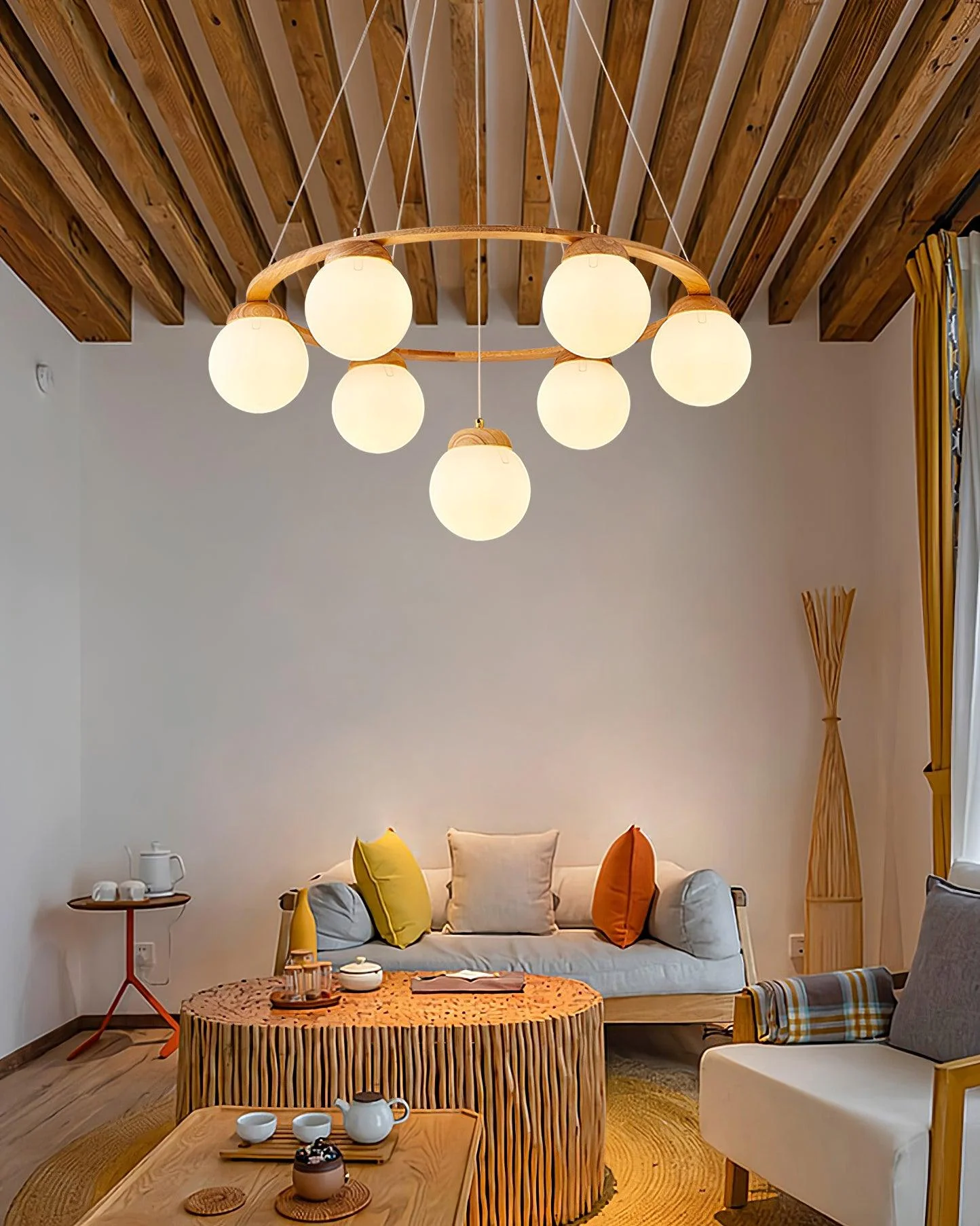 Lustra Chandelier Wood Ring Opal Glass Globes - Image 26