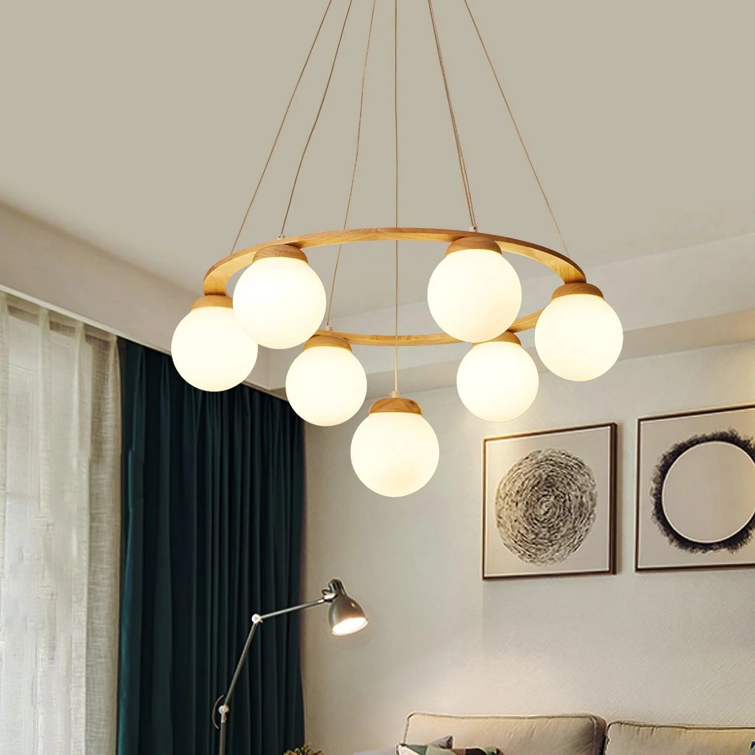 Lustra Chandelier Wood Ring Opal Glass Globes - Image 28