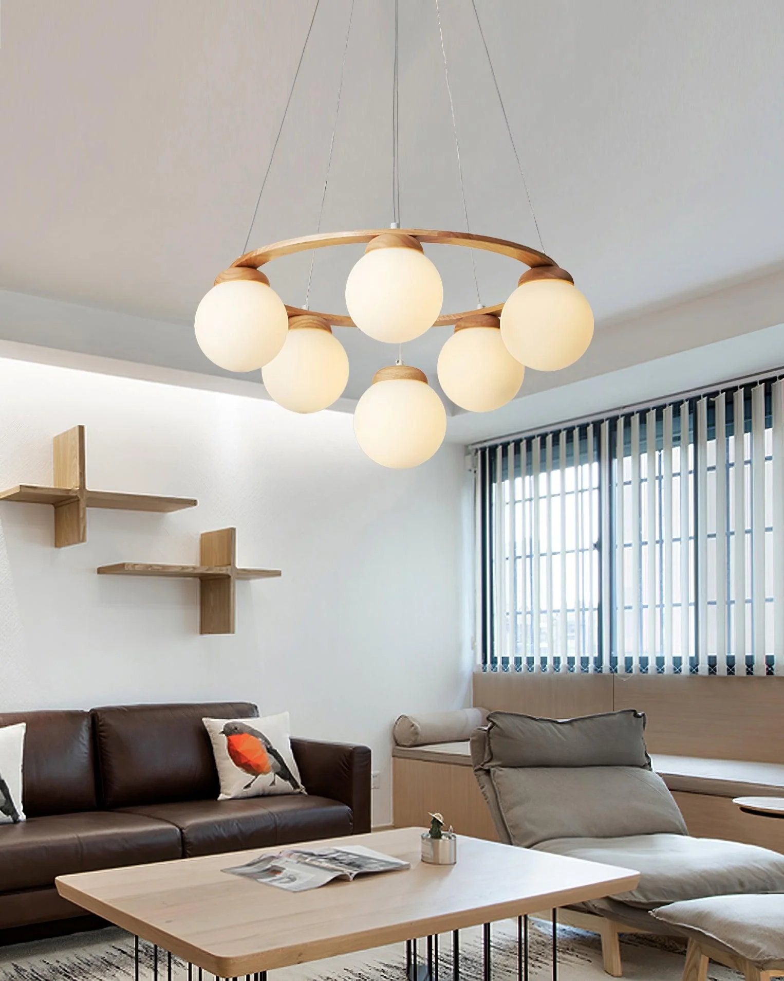 Lustra Chandelier Wood Ring Opal Glass Globes - Image 29