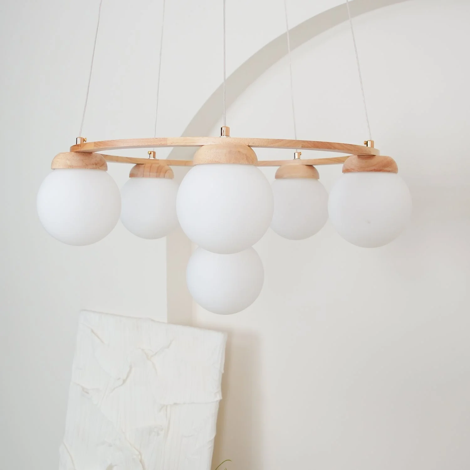 Lustra Chandelier Wood Ring Opal Glass Globes - Image 3