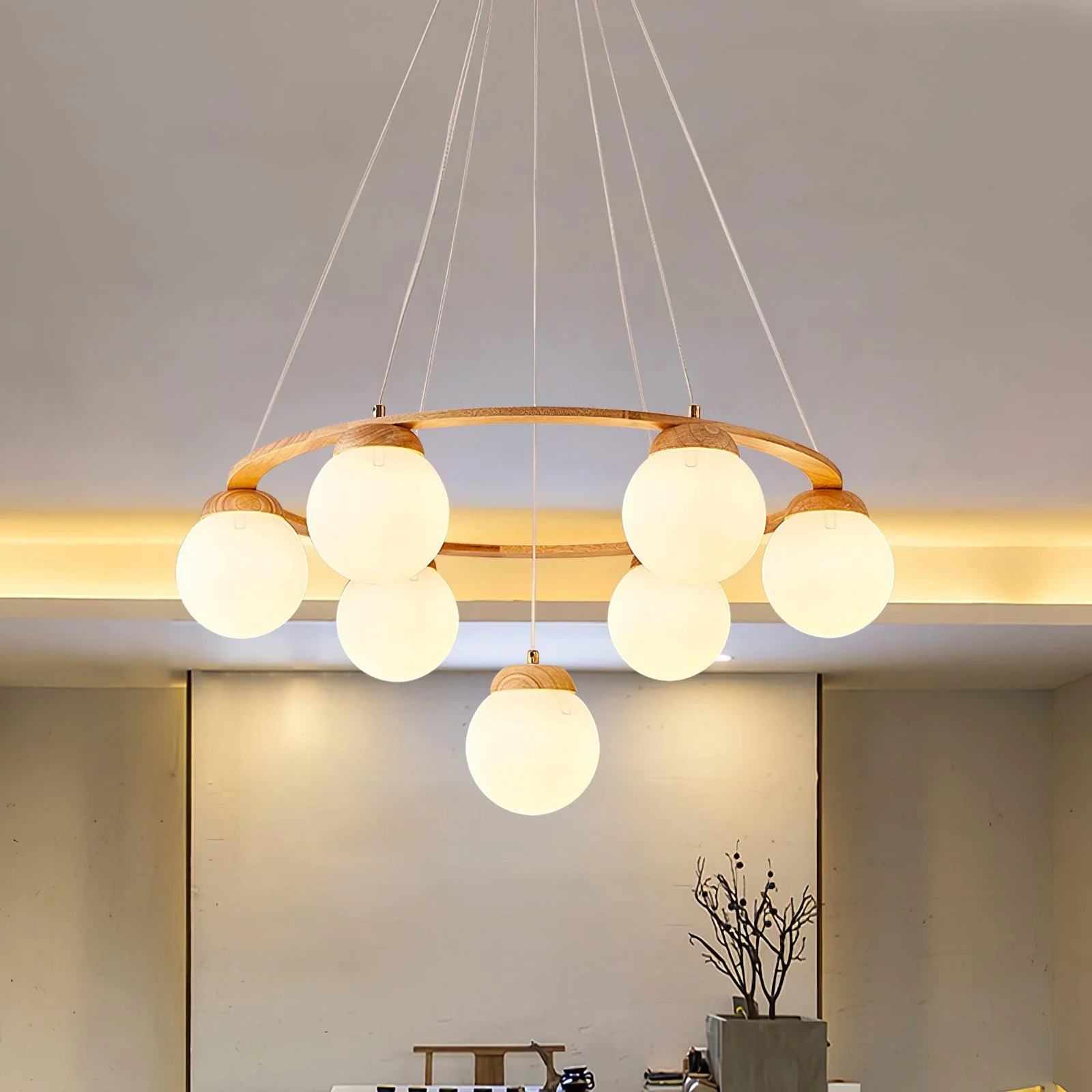 Lustra Chandelier Wood Ring Opal Glass Globes - Image 30