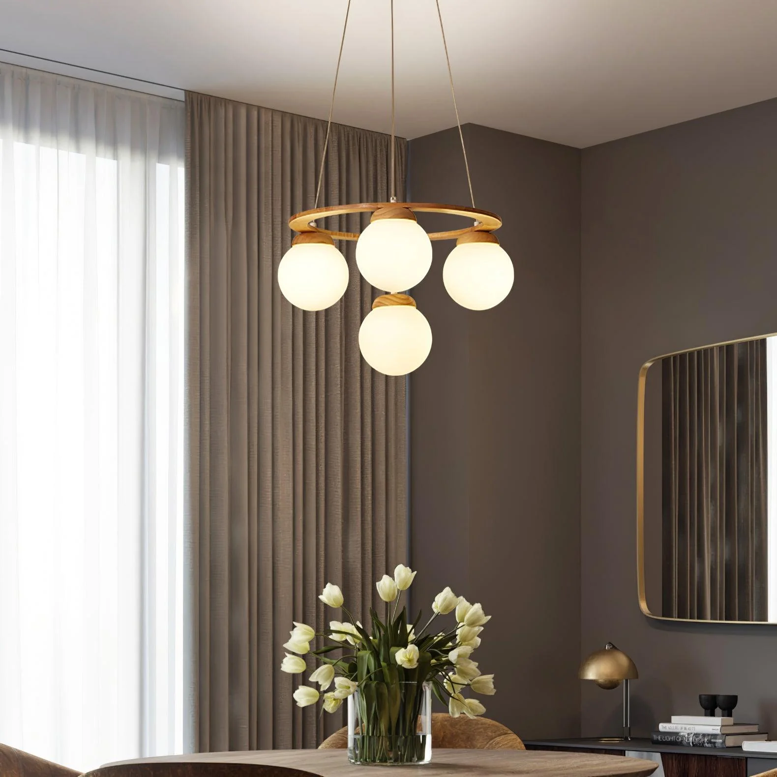 Lustra Chandelier Wood Ring Opal Glass Globes - Image 31