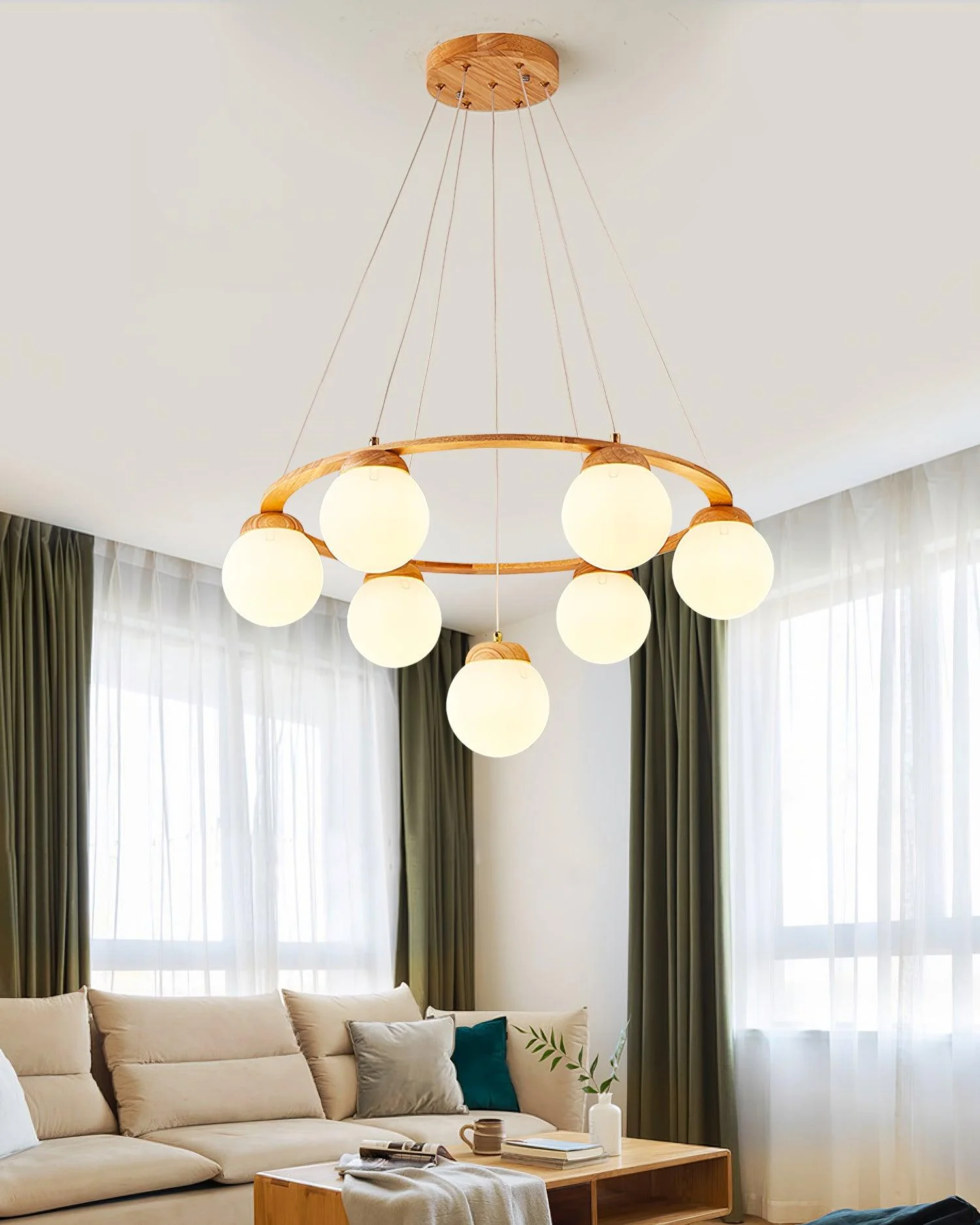 Lustra Chandelier Wood Ring Opal Glass Globes - Image 32