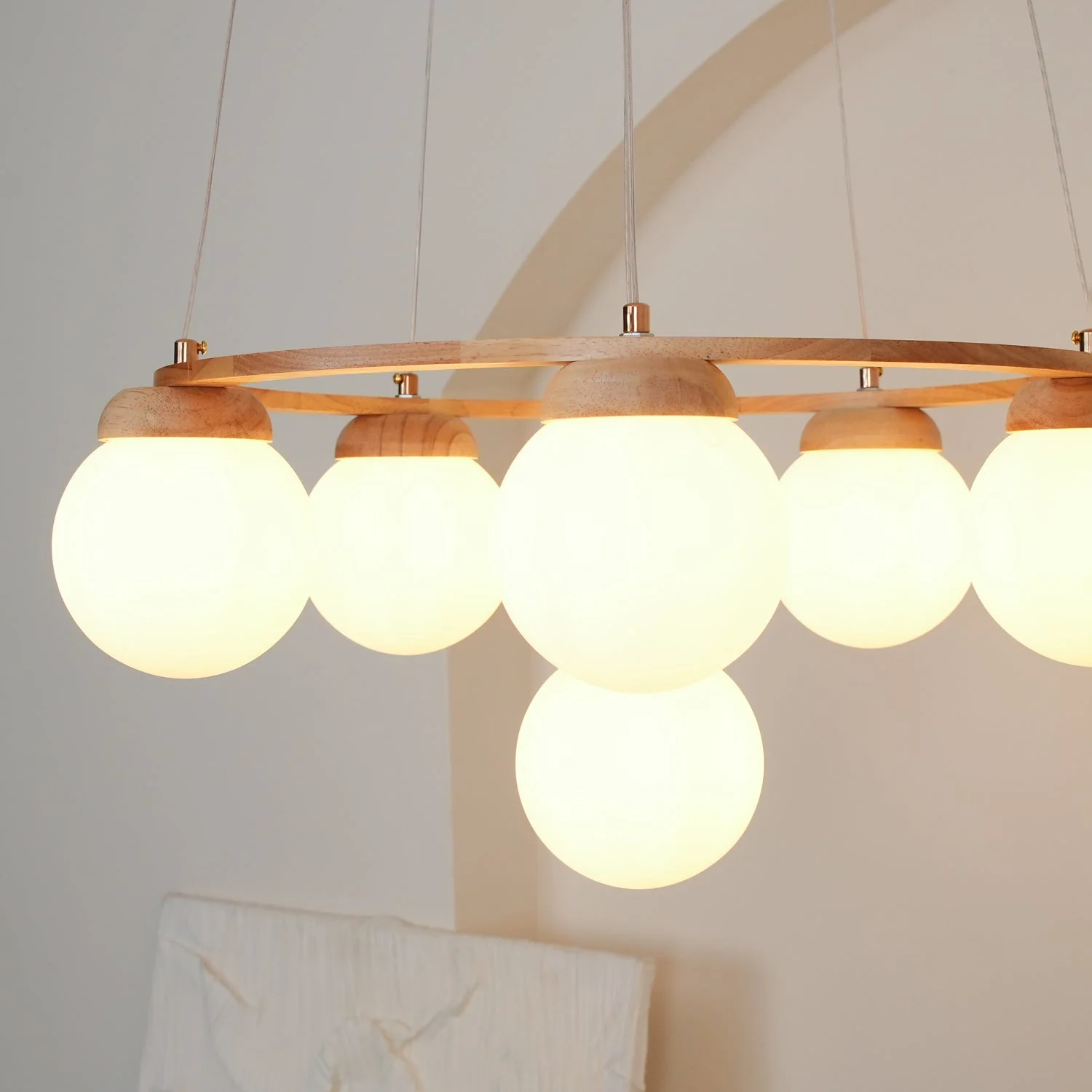 Lustra Chandelier Wood Ring Opal Glass Globes - Image 34