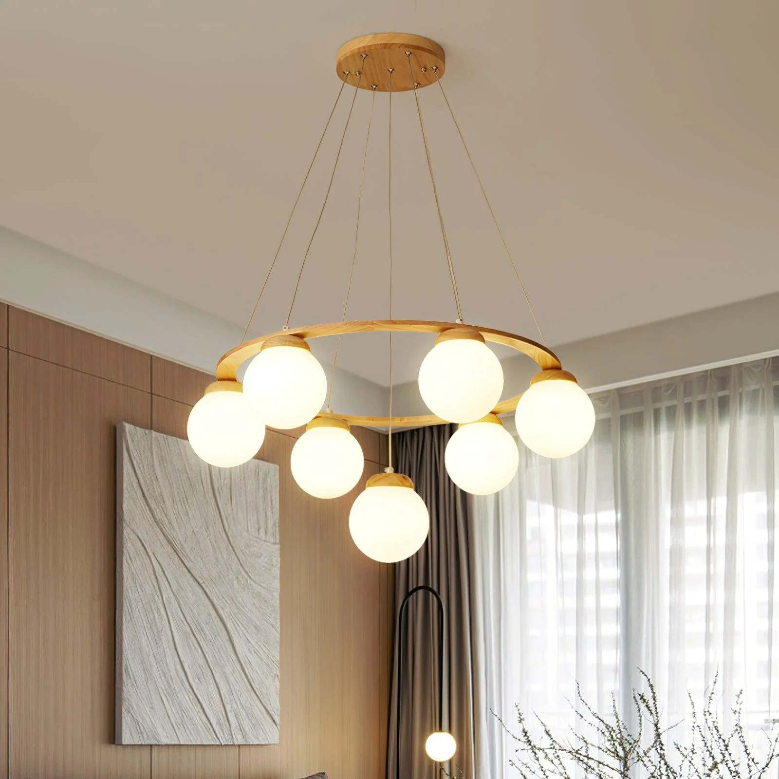 Lustra Chandelier Wood Ring Opal Glass Globes - Image 4