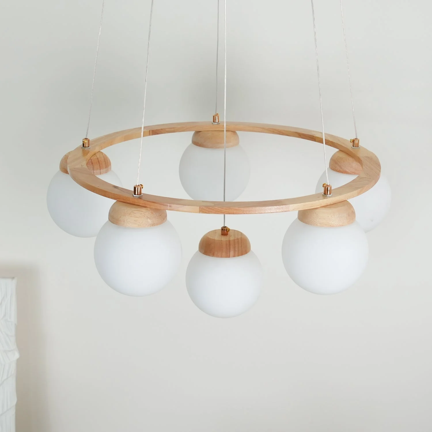 Lustra Chandelier Wood Ring Opal Glass Globes - Image 40