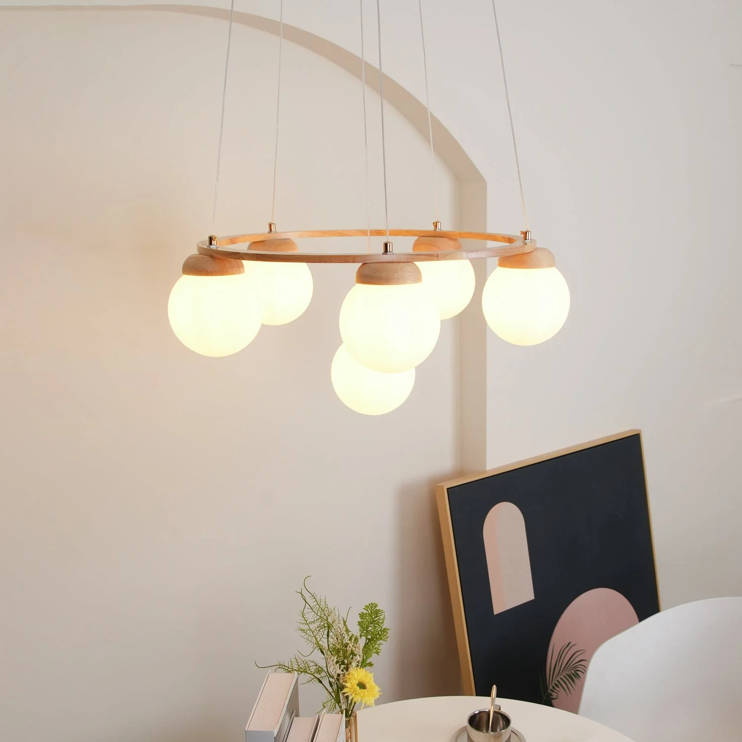 Lustra Chandelier Wood Ring Opal Glass Globes - Image 42