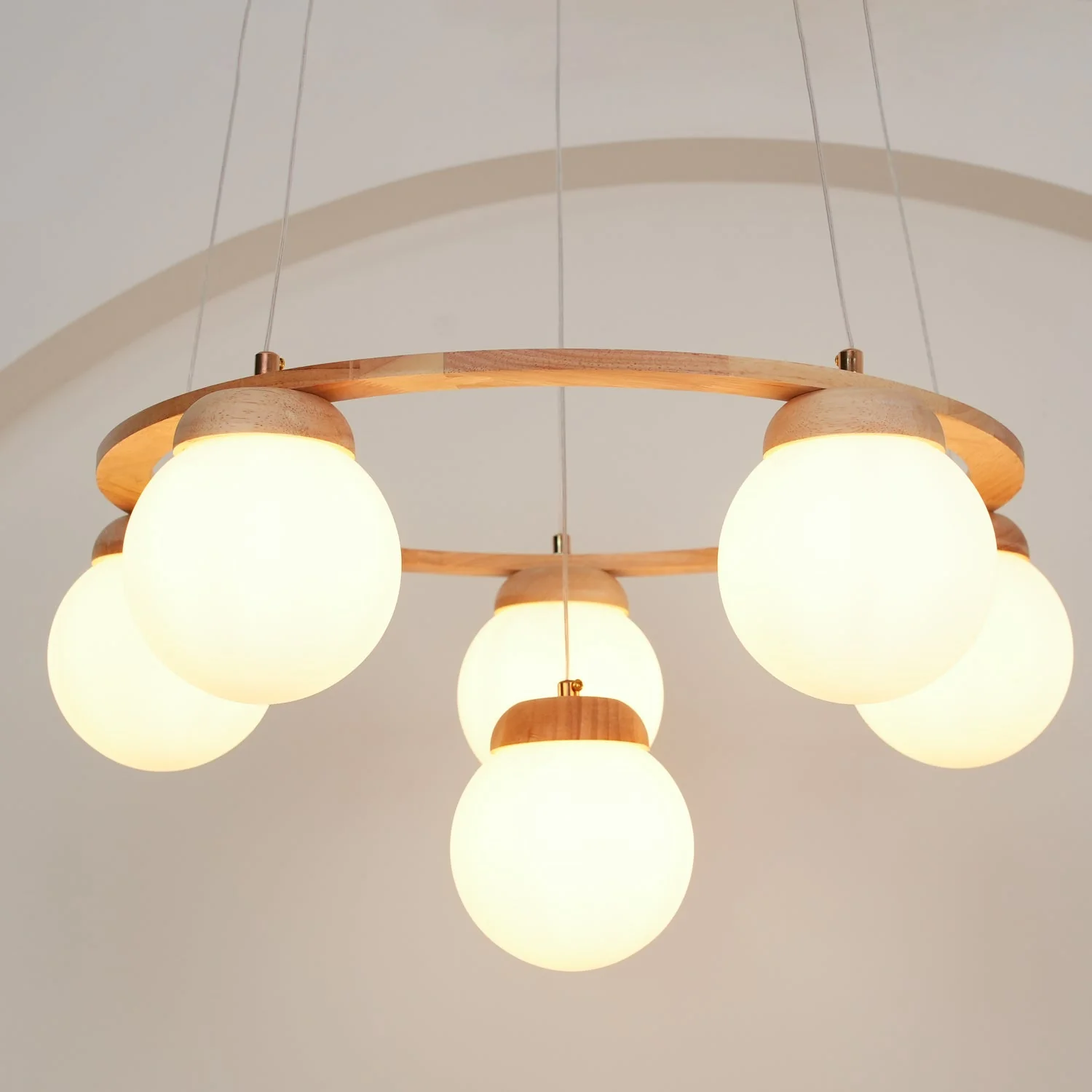 Lustra Chandelier Wood Ring Opal Glass Globes - Image 43