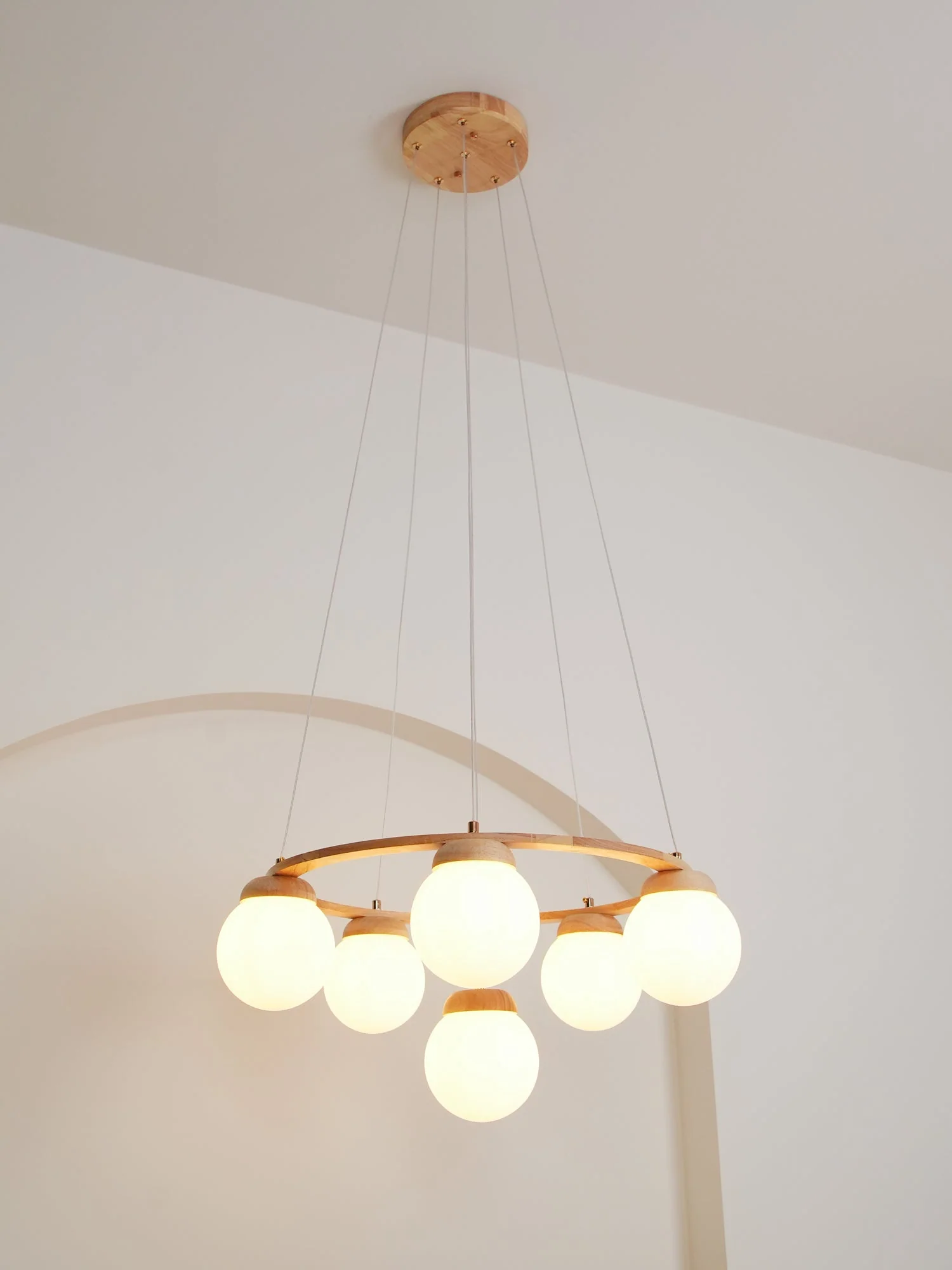 Lustra Chandelier Wood Ring Opal Glass Globes - Image 44
