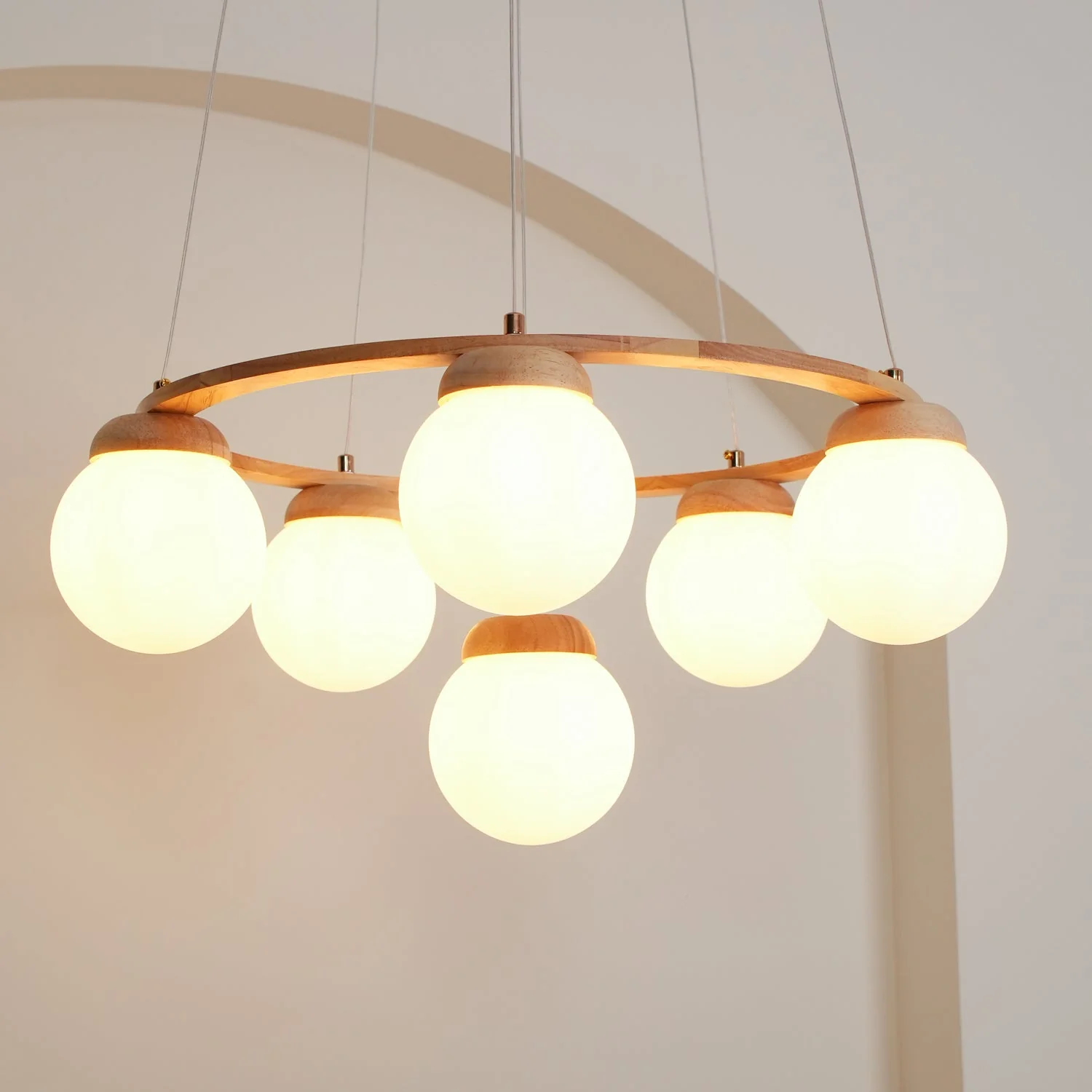 Lustra Chandelier Wood Ring Opal Glass Globes - Image 45