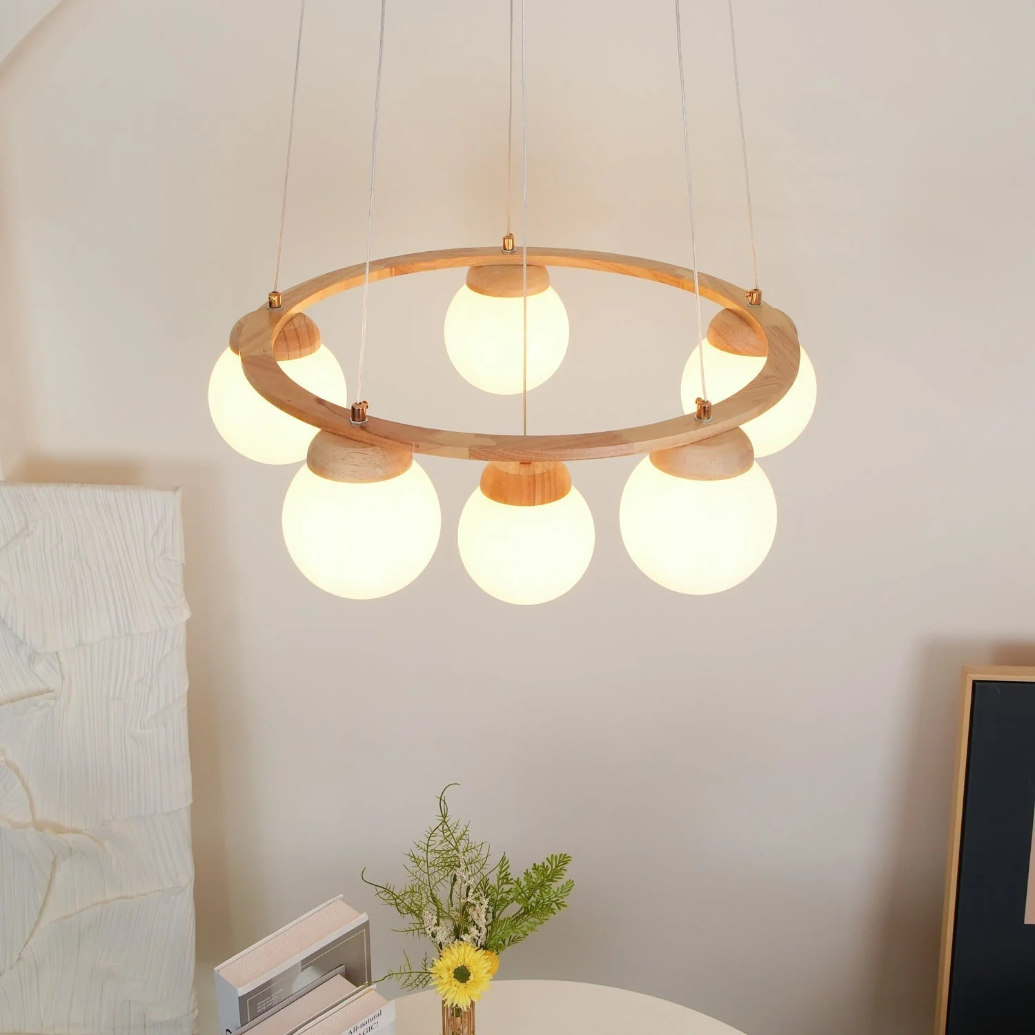 Lustra Chandelier Wood Ring Opal Glass Globes - Image 46