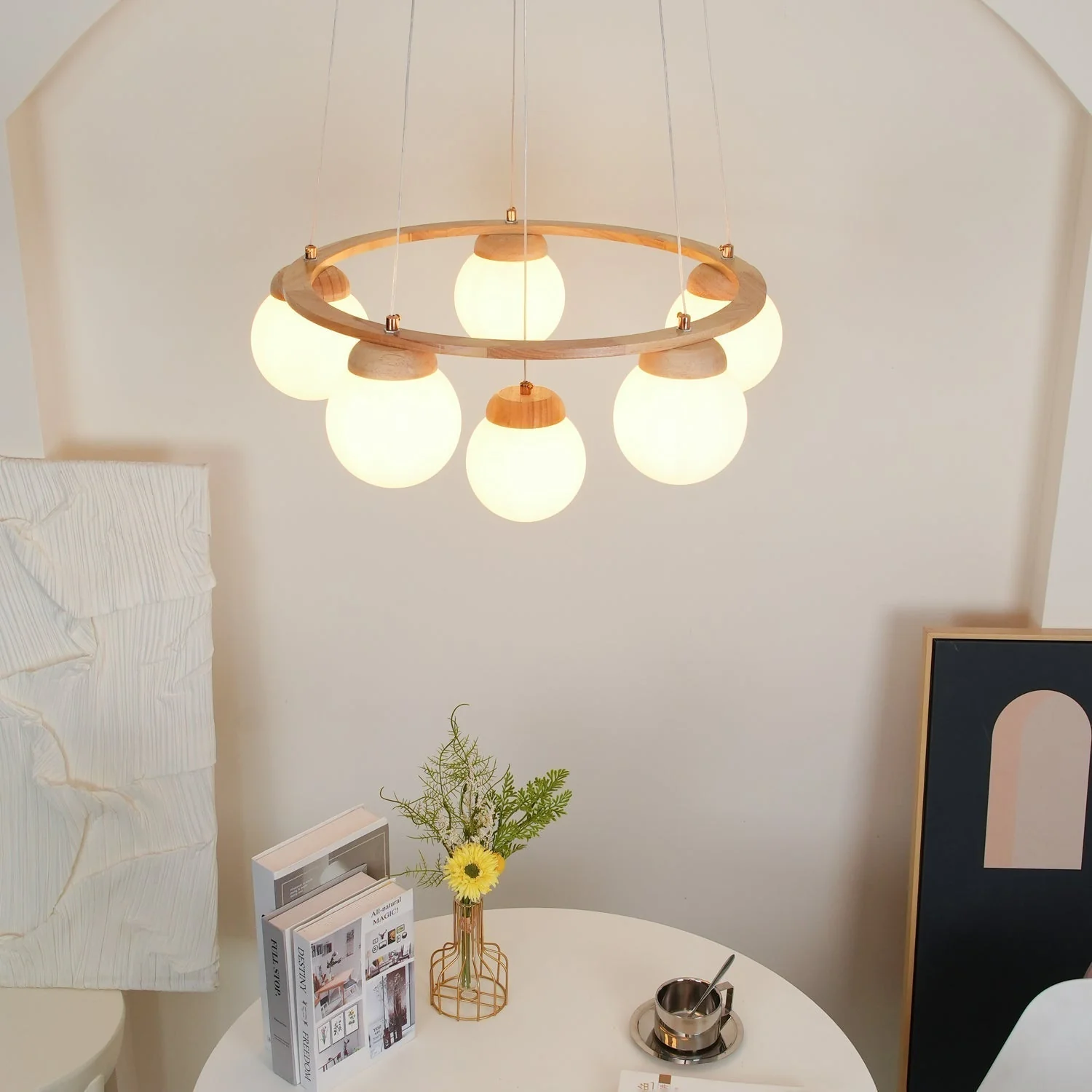 Lustra Chandelier Wood Ring Opal Glass Globes - Image 47