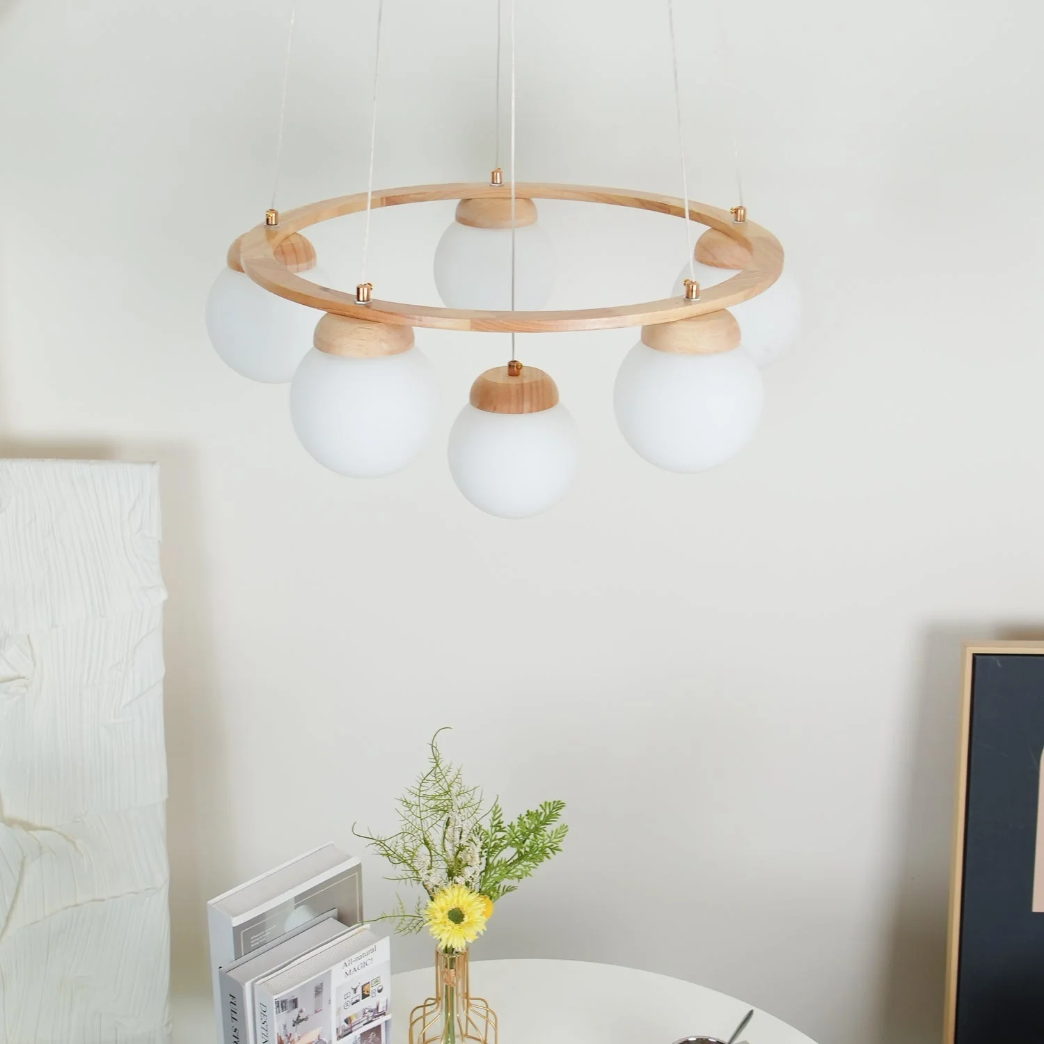 Lustra Chandelier Wood Ring Opal Glass Globes - Image 7