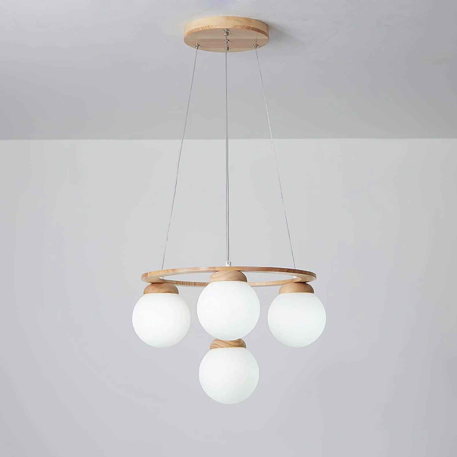 Lustra Chandelier Wood Ring Opal Glass Globes - Image 8