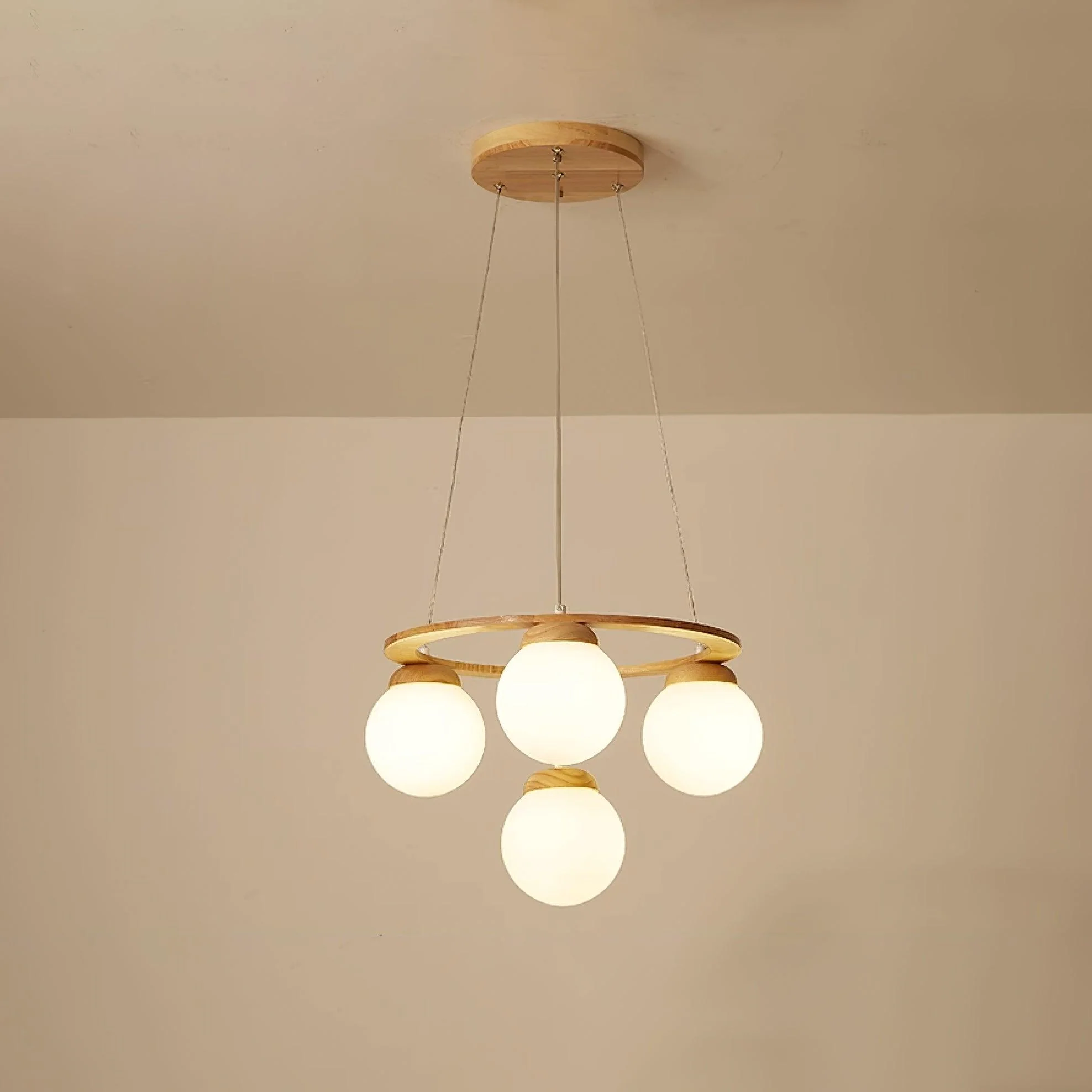 Lustra Chandelier Wood Ring Opal Glass Globes - Image 9