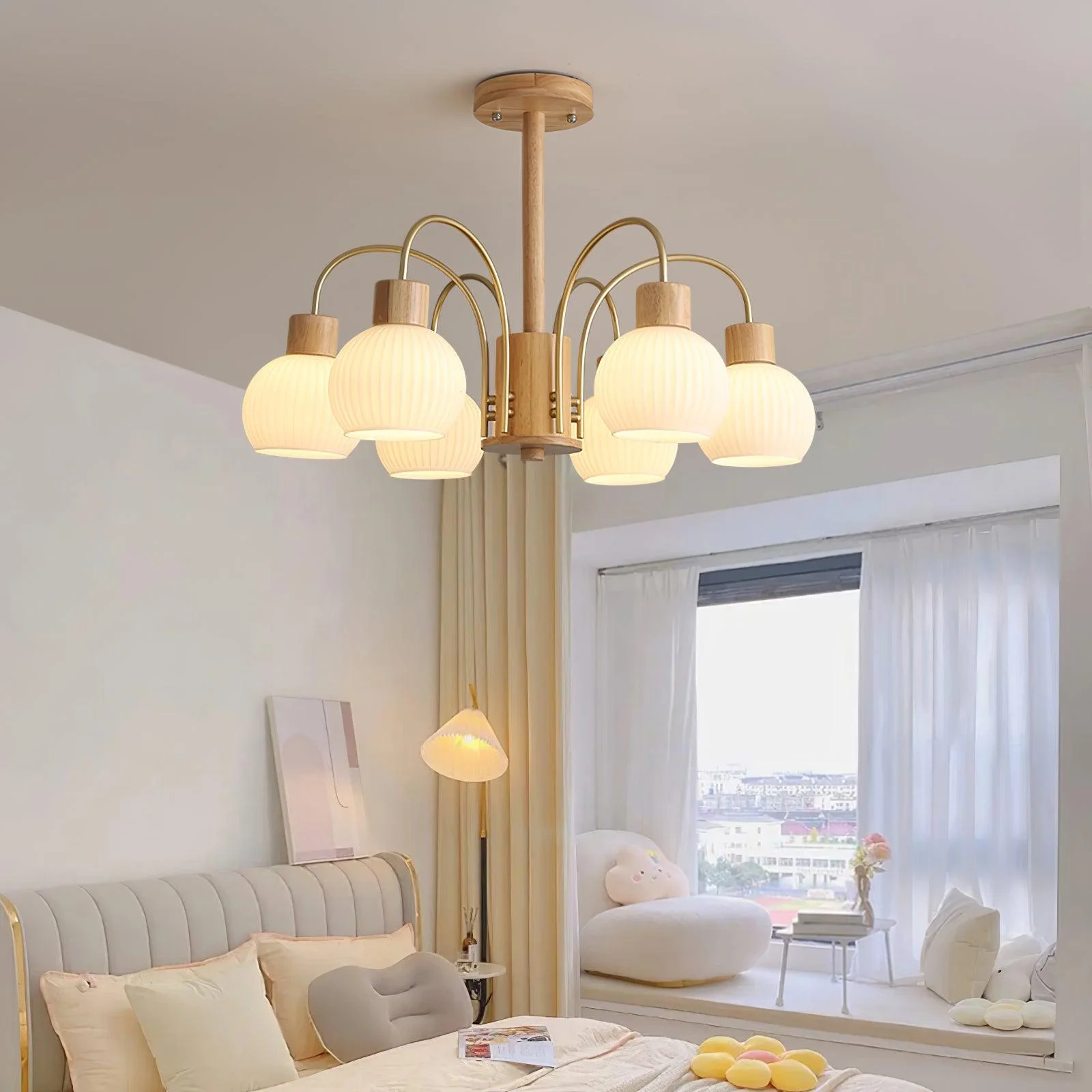Lustra Chandelier Wooden 6 Lights Elegant Glass - Image 10