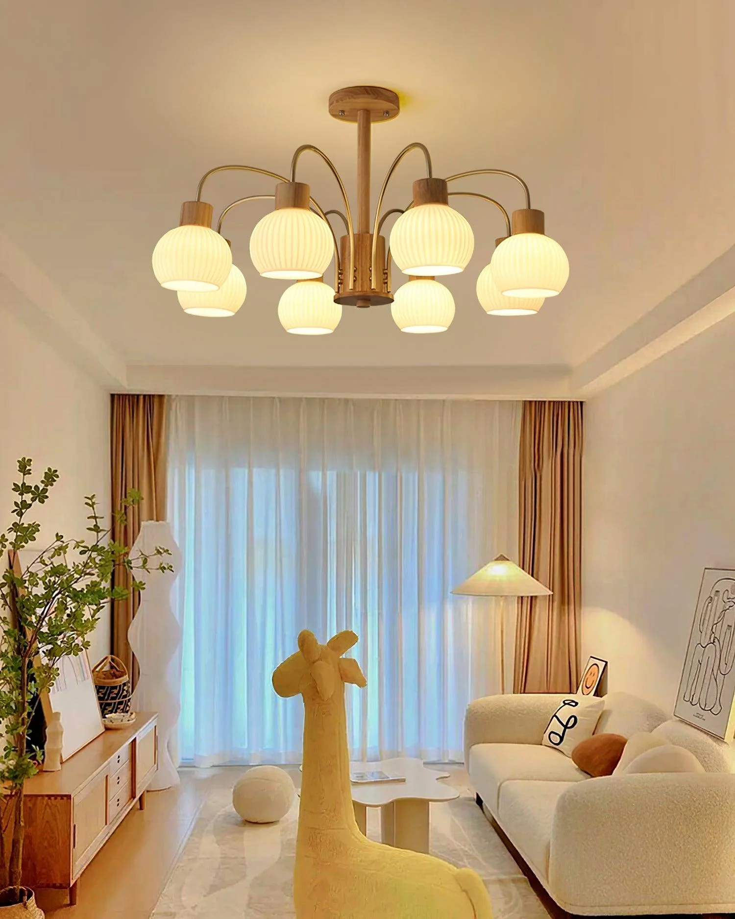 Lustra Chandelier Wooden 6 Lights Elegant Glass - Image 13