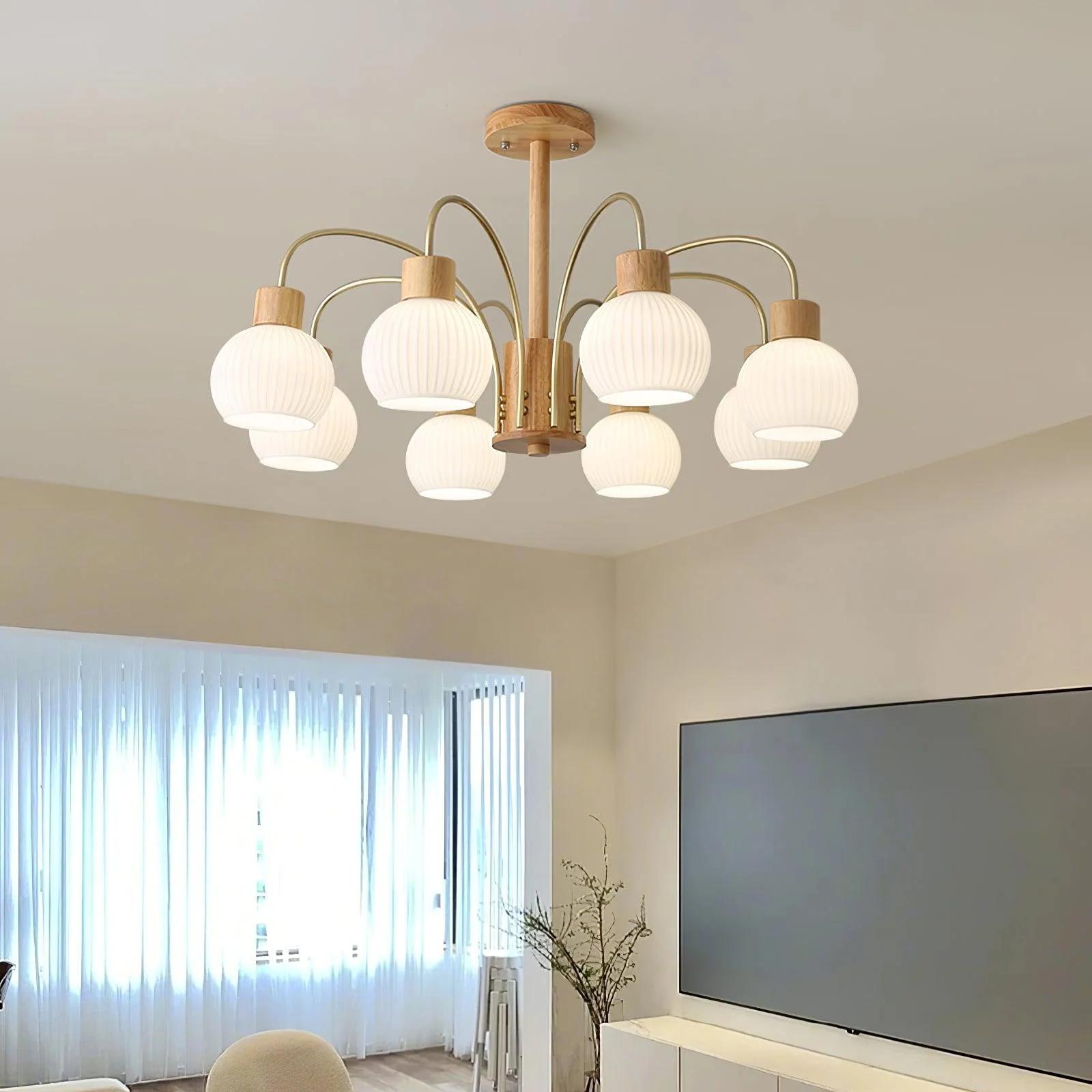 Lustra Chandelier Wooden 6 Lights Elegant Glass - Image 8