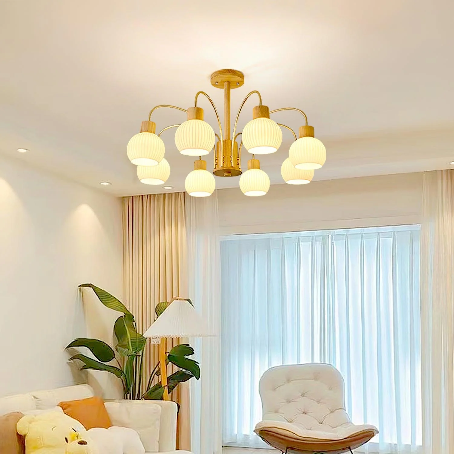 Lustra Chandelier Wooden 6 Lights Elegant Glass - Image 9