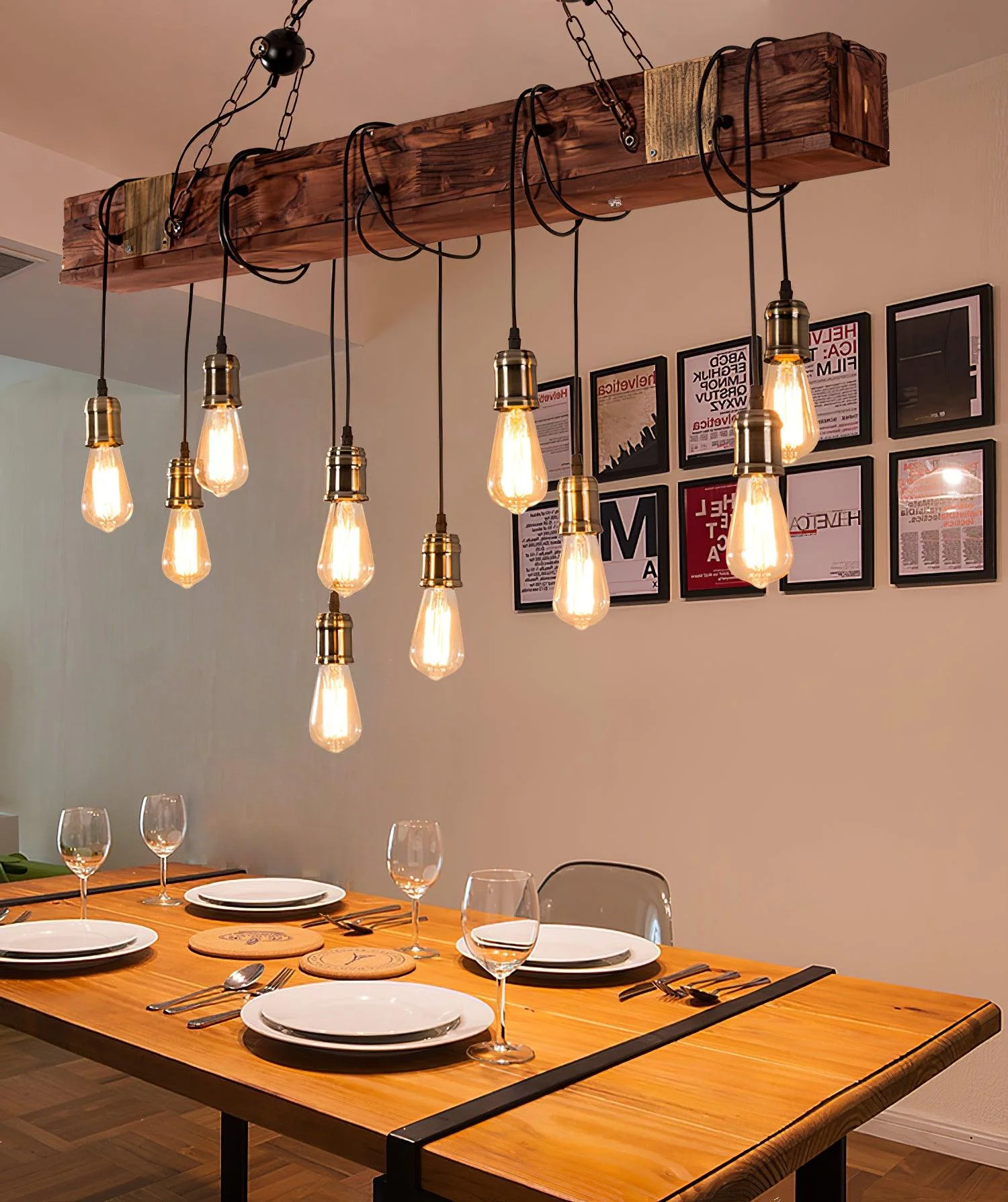 Lustra Chandelier Wooden Beam Edison Bulb Rustic Farmhouse - Image 13