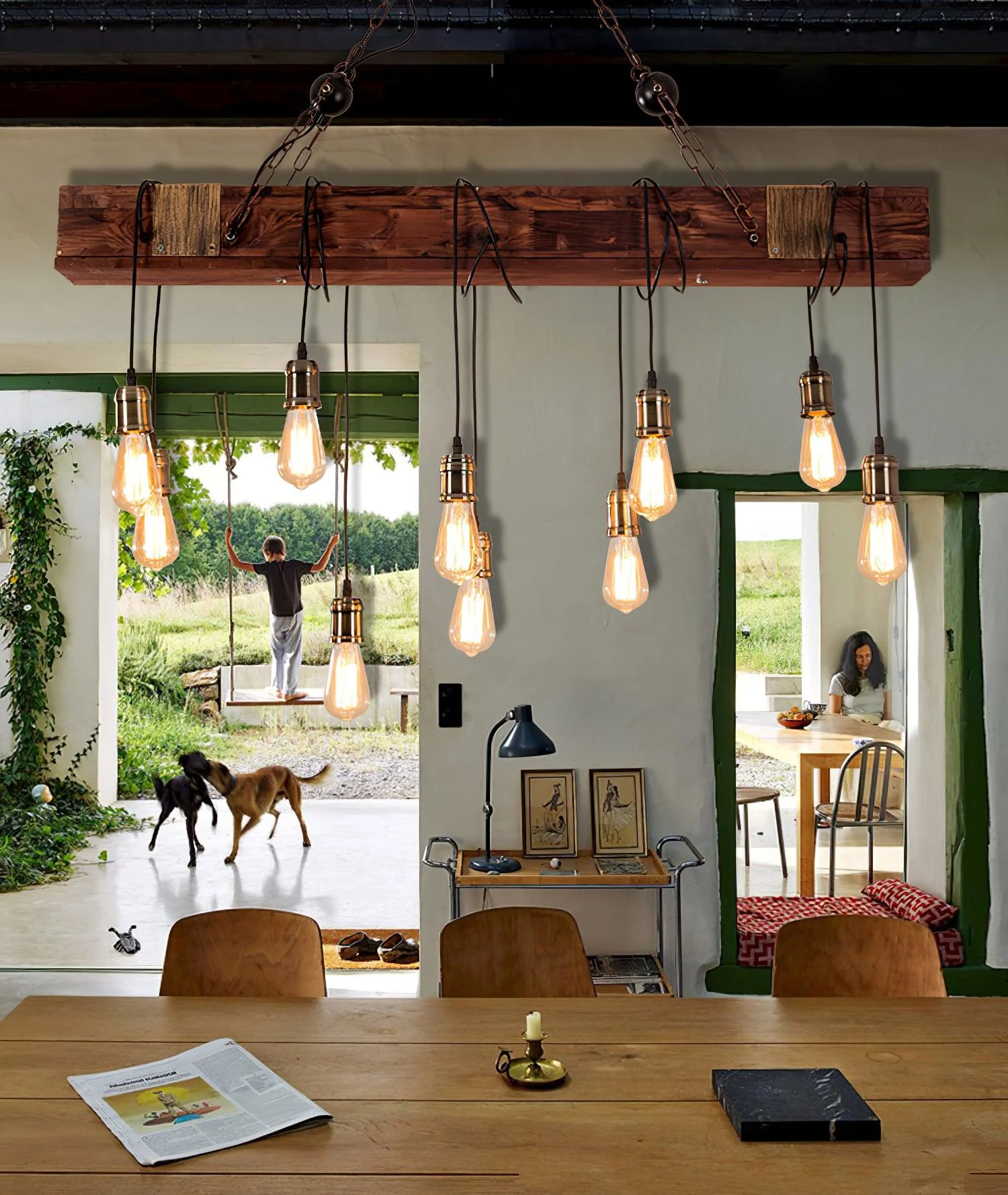Lustra Chandelier Wooden Beam Edison Bulb Rustic Farmhouse - Image 8