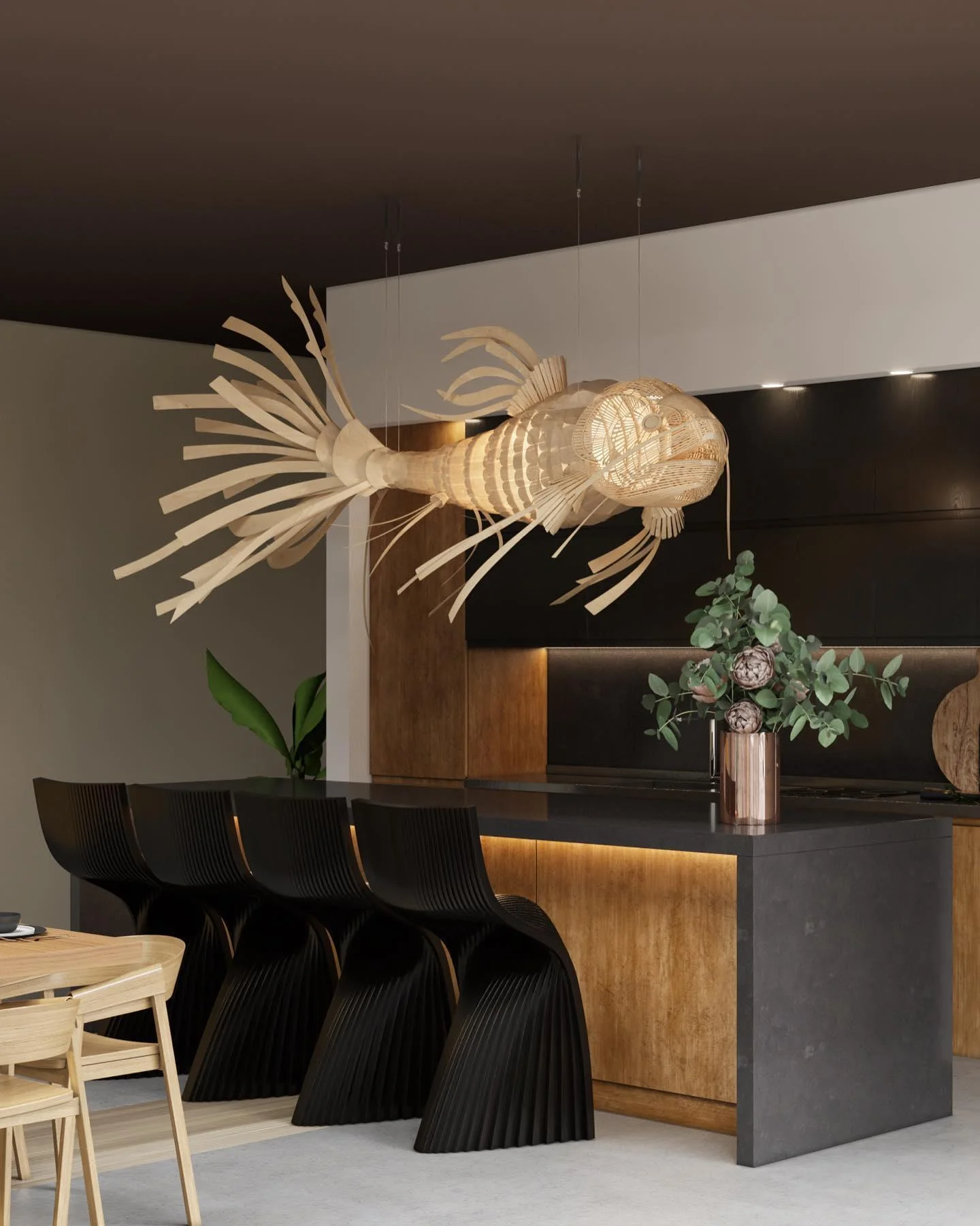 Lustra Chandelier Wooden Fish Handmade - Image 9