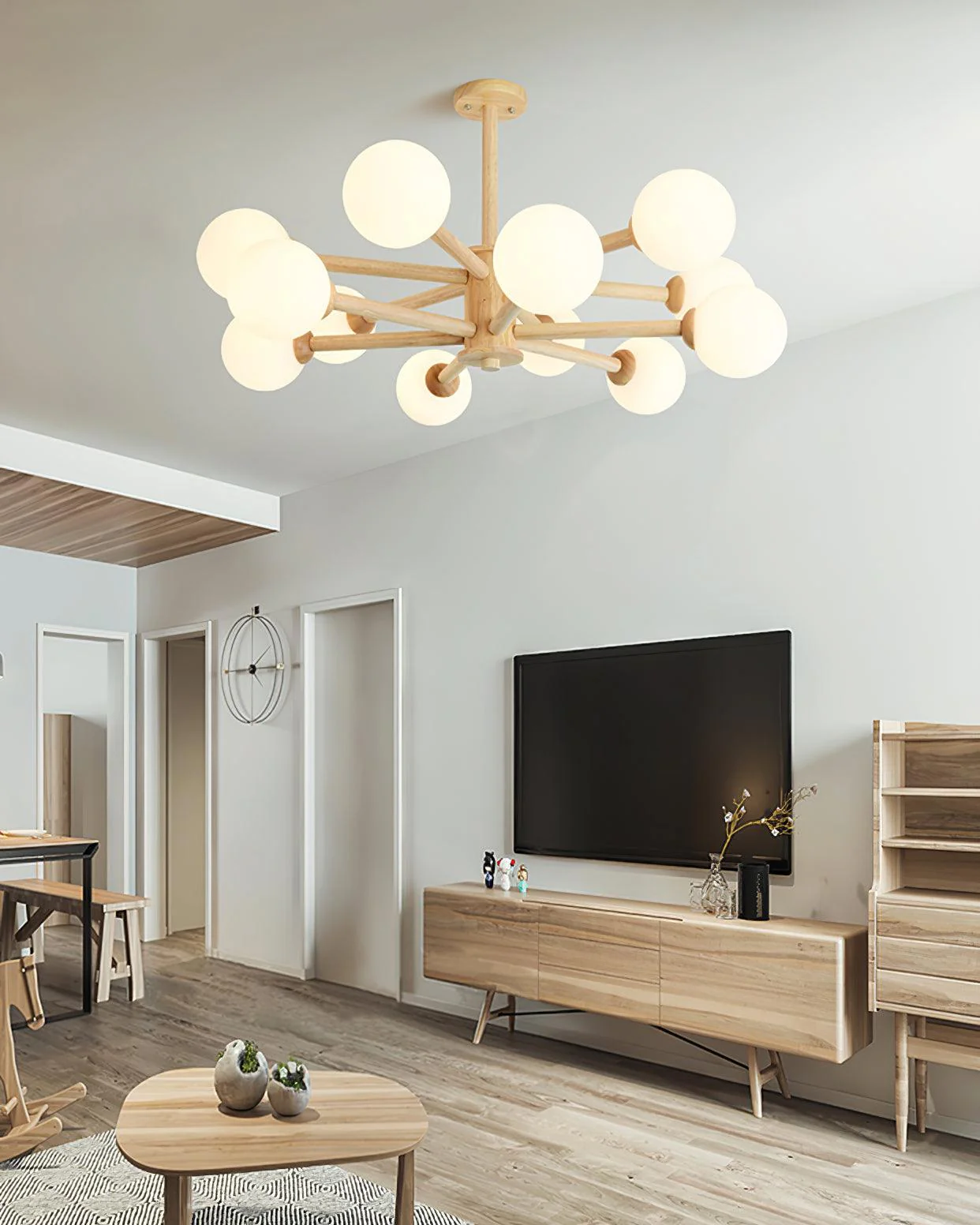 Lustra Chandelier Wooden Globe Minimalist Natural - Image 24