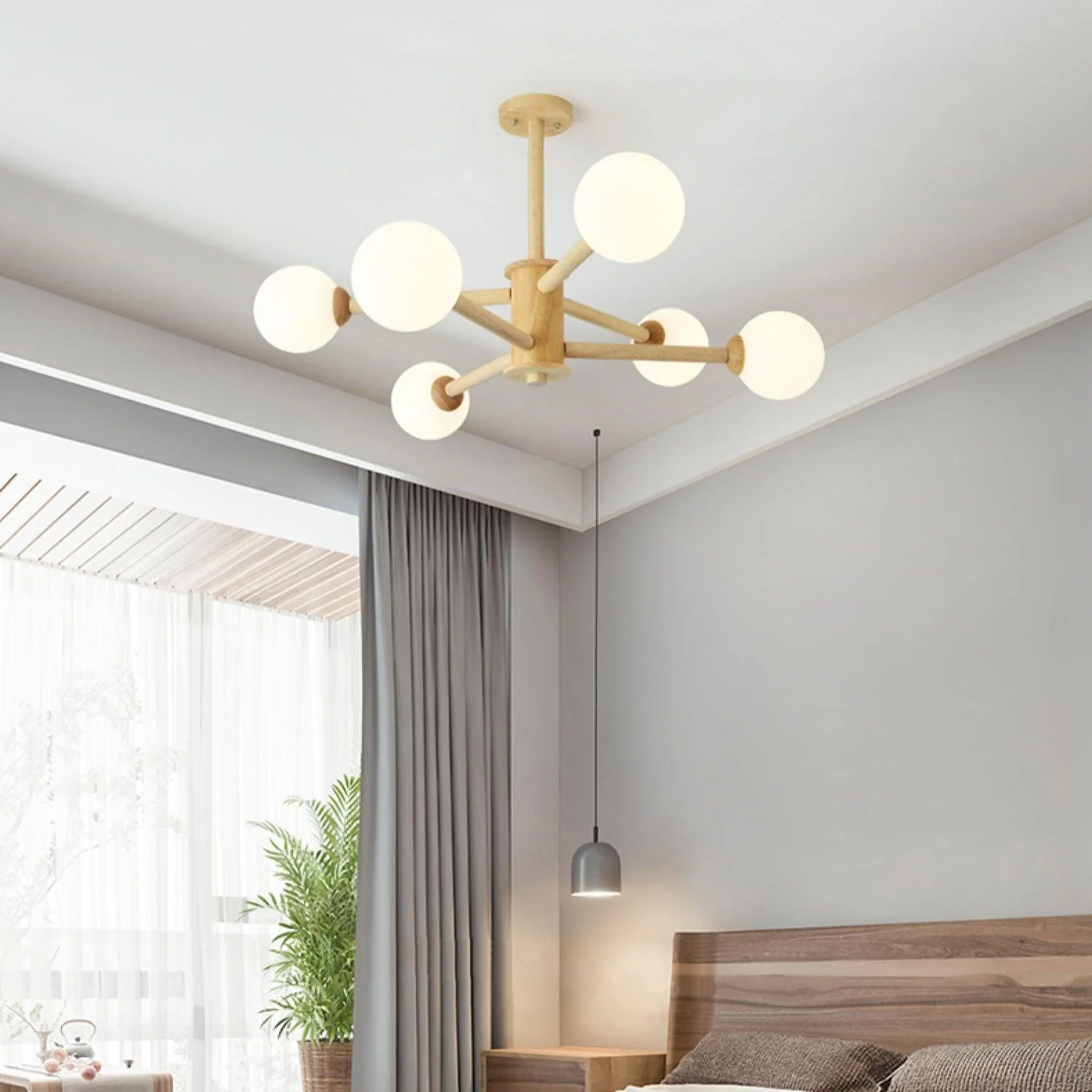 Lustra Chandelier Wooden Globe Minimalist Natural - Image 26