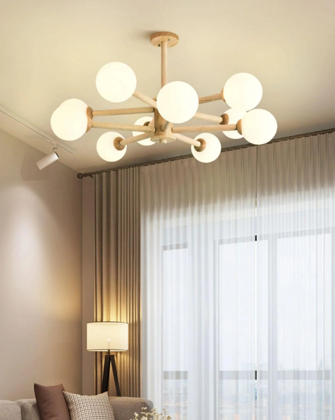 Lustra Chandelier Wooden Globe Minimalist Natural - Image 28
