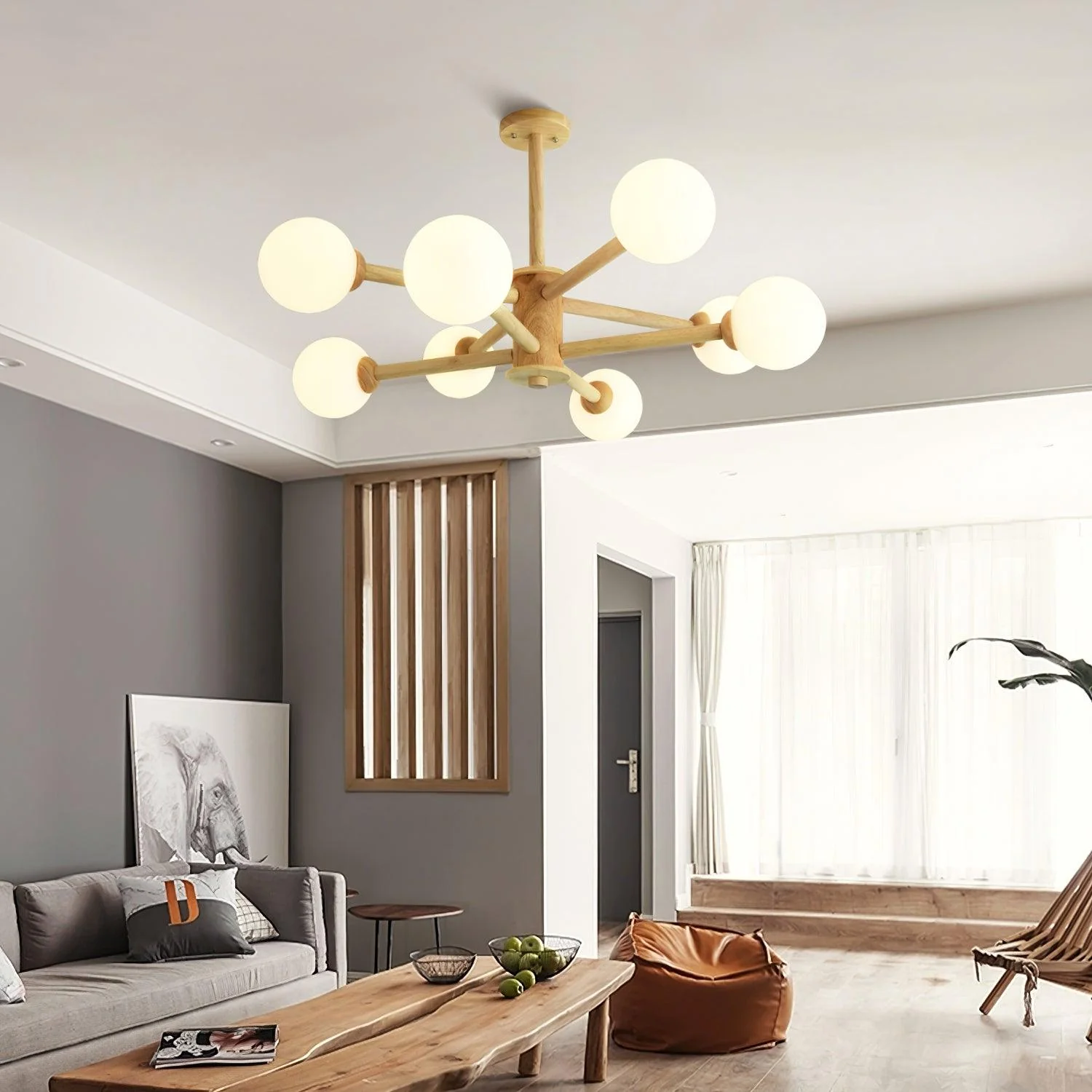 Lustra Chandelier Wooden Globe Minimalist Natural - Image 30