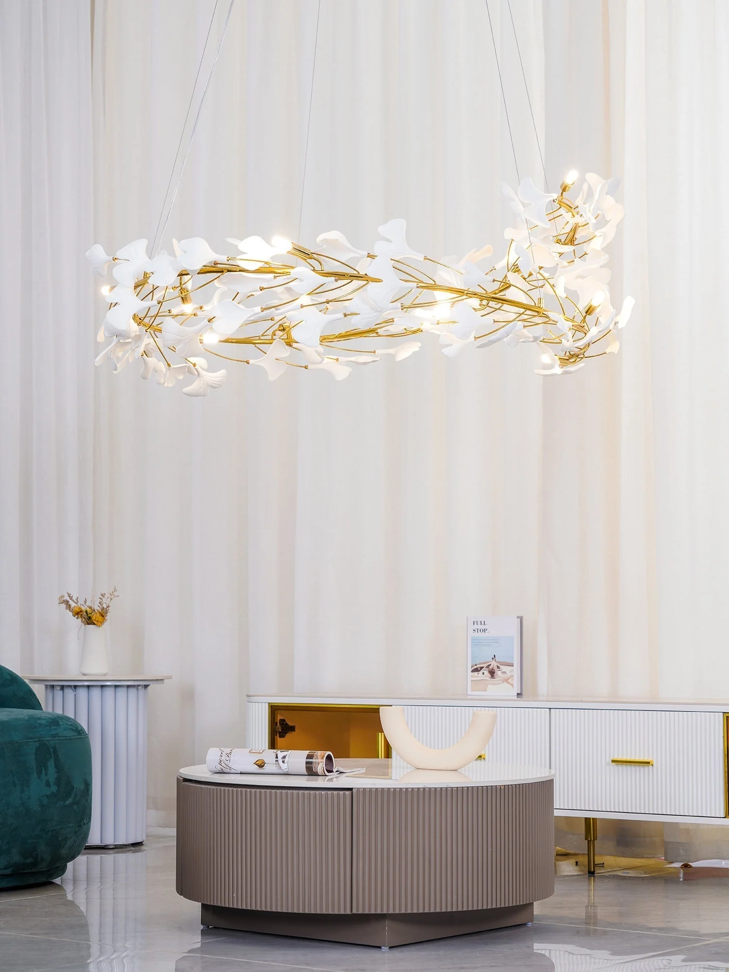 Lustra Pendant Lamp Gingko Porcelain Leaves Gold - Image 12