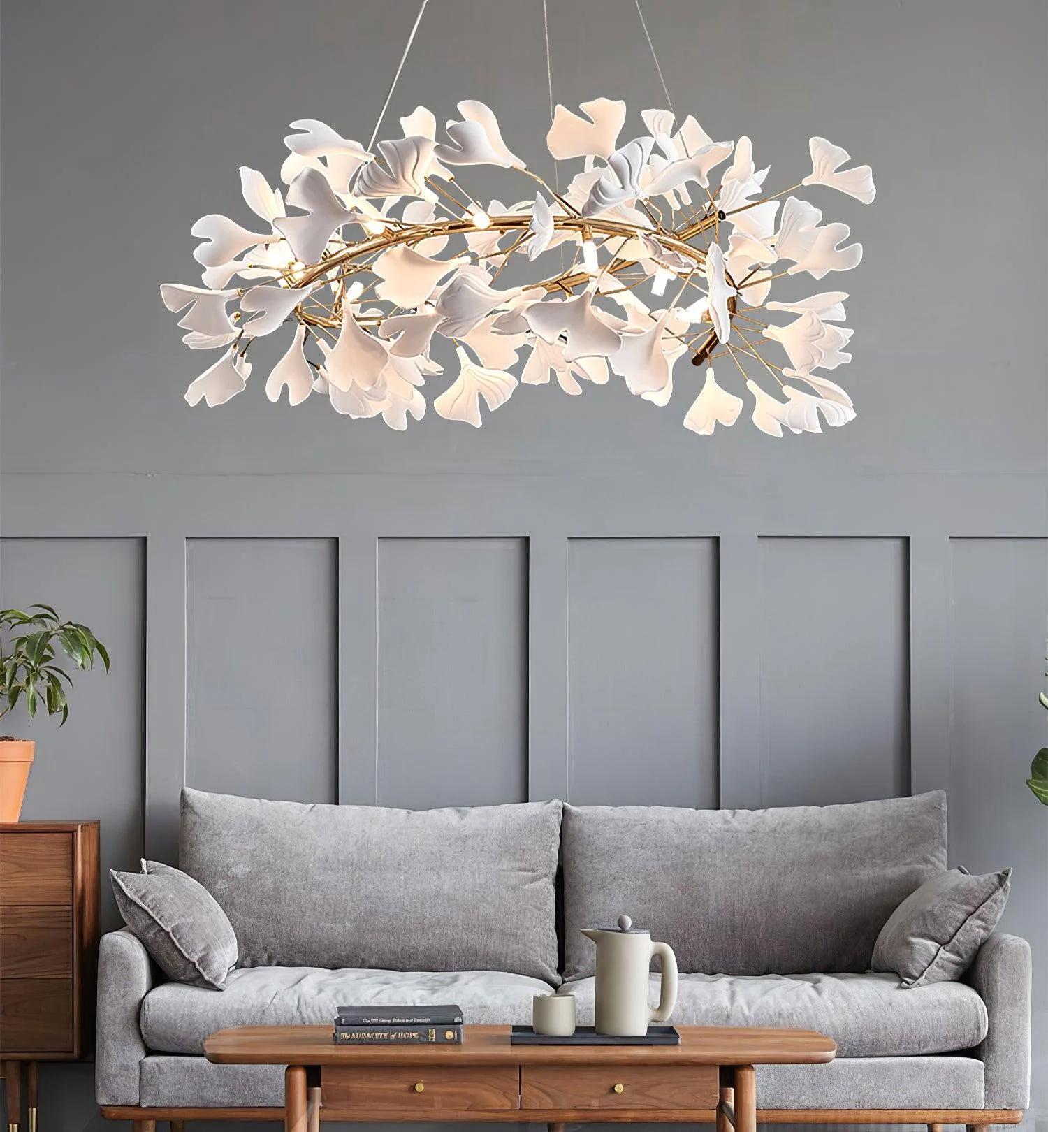 Lustra Pendant Lamp Gingko Porcelain Leaves Gold - Image 16