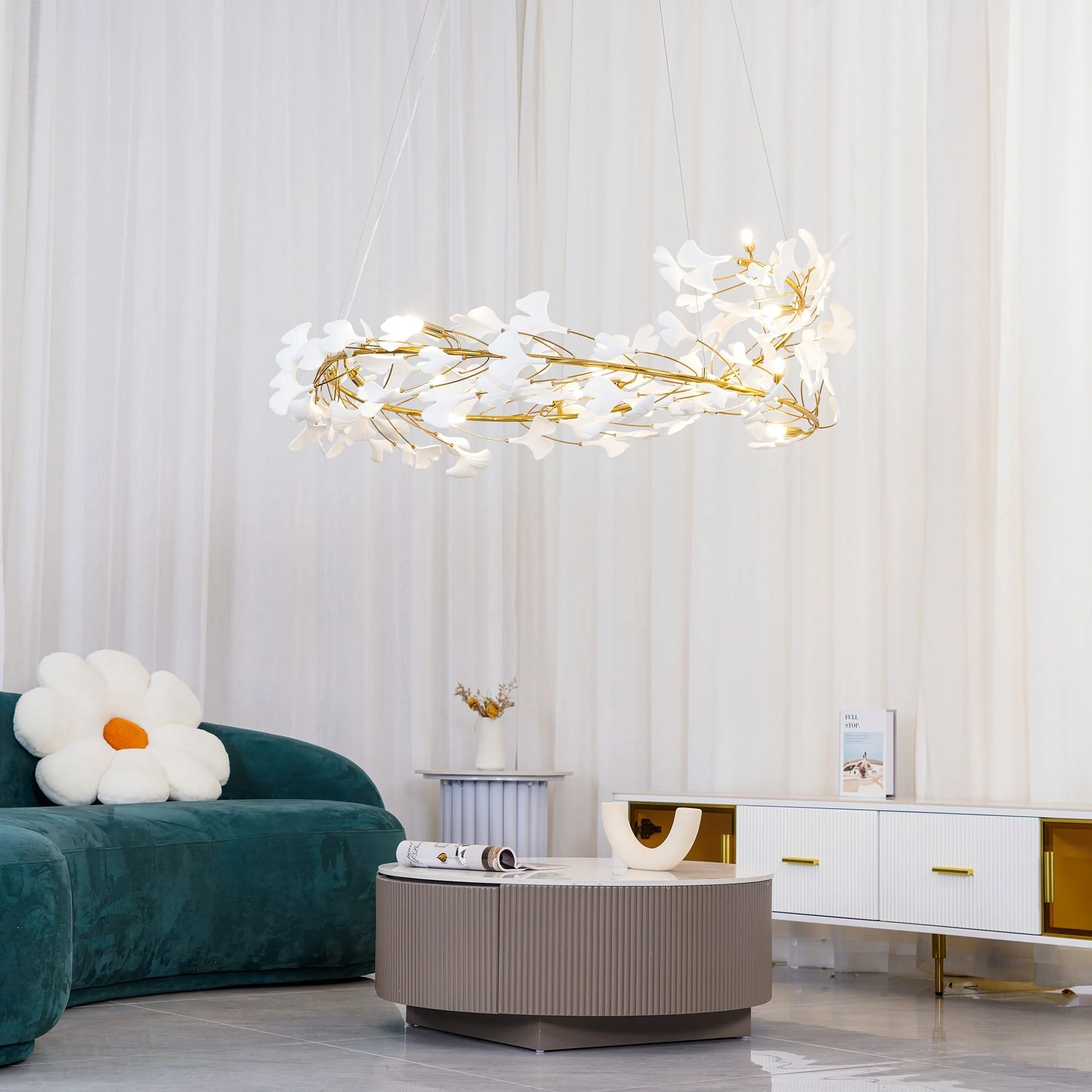 Lustra Pendant Lamp Gingko Porcelain Leaves Gold - Image 47