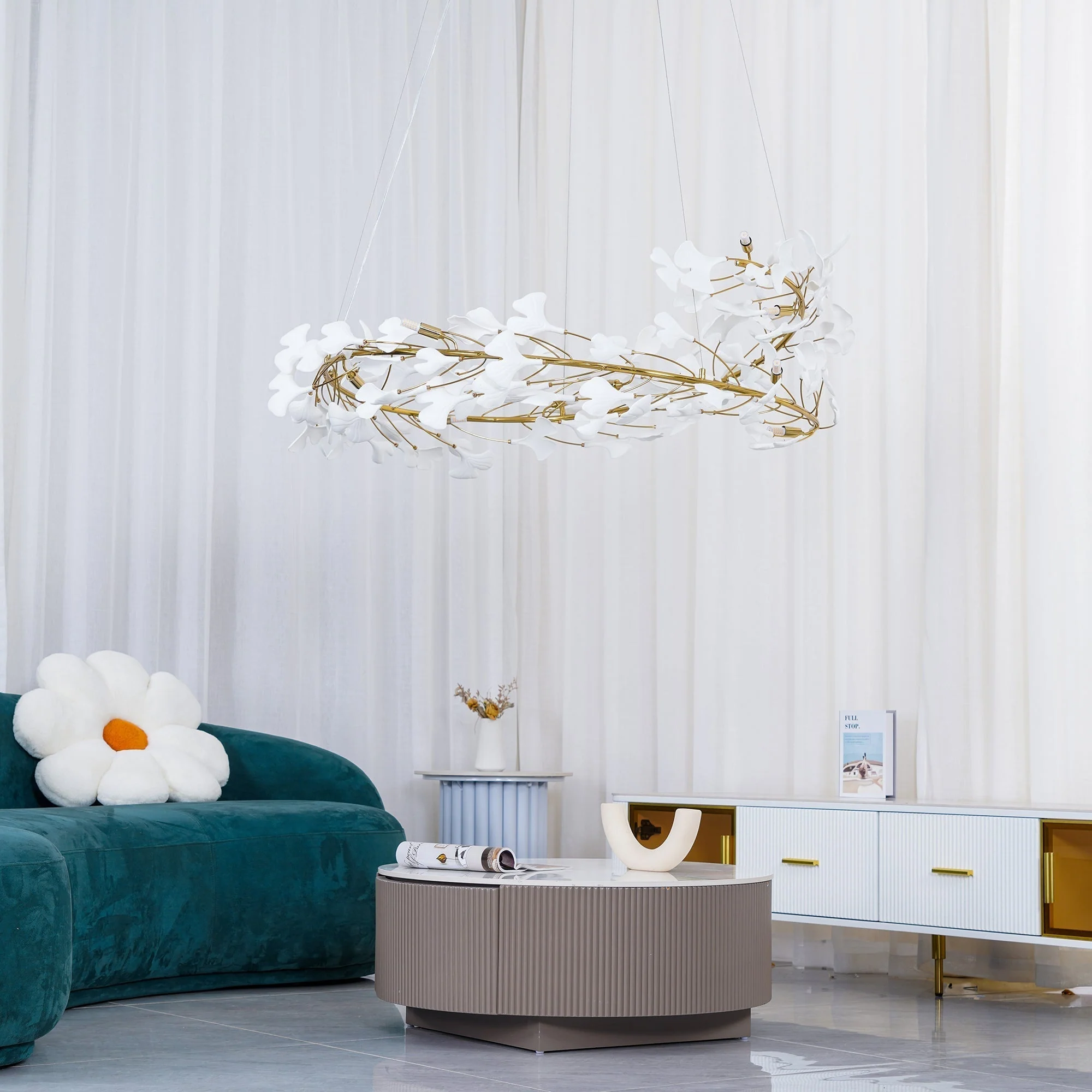 Lustra Pendant Lamp Gingko Porcelain Leaves Gold - Image 49