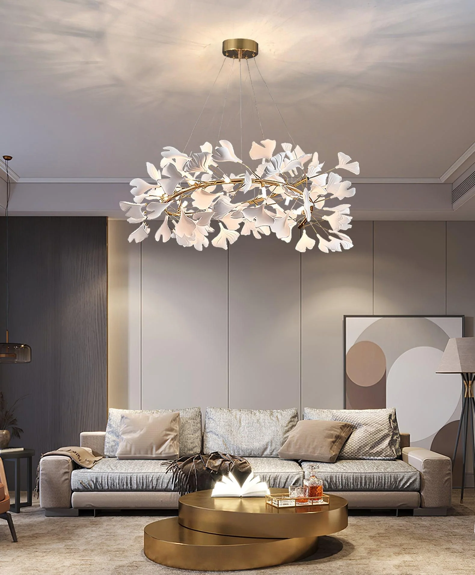 Lustra Pendant Lamp Gingko Porcelain Leaves Gold - Image 7