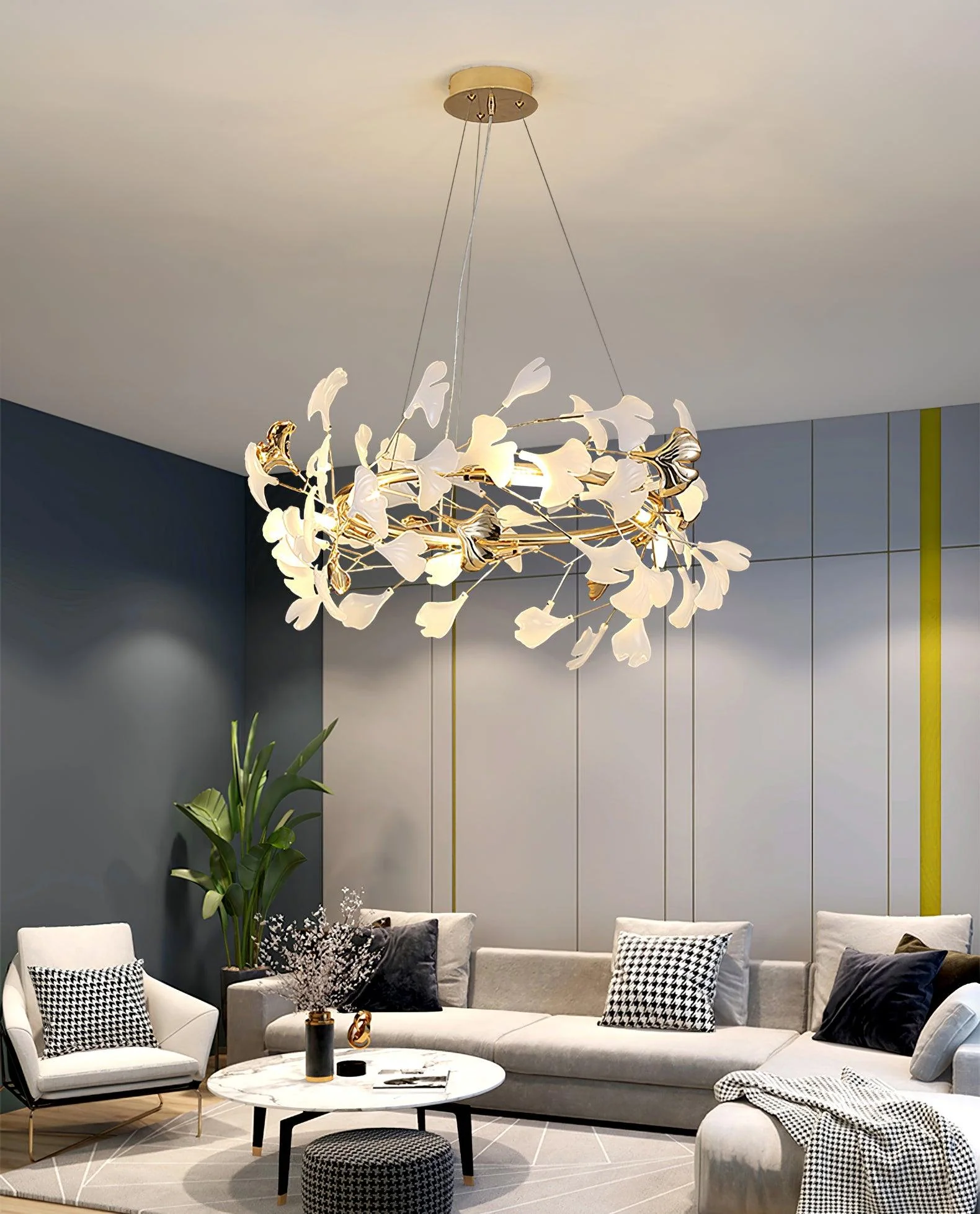 Lustra Pendant Lamp Gingko Porcelain Leaves Gold - Image 8