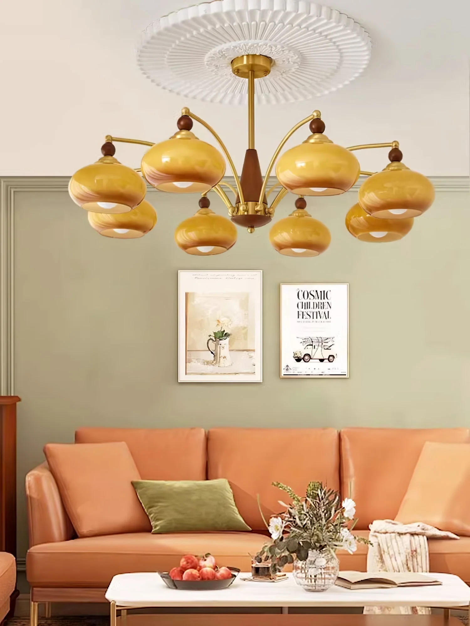 Lustra Pendant Lamp Retro Yellow Glass Brass - Image 19