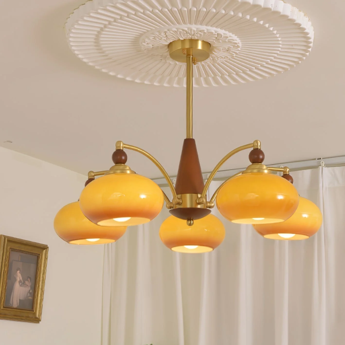 Lustra Pendant Lamp Retro Yellow Glass Brass - Image 4