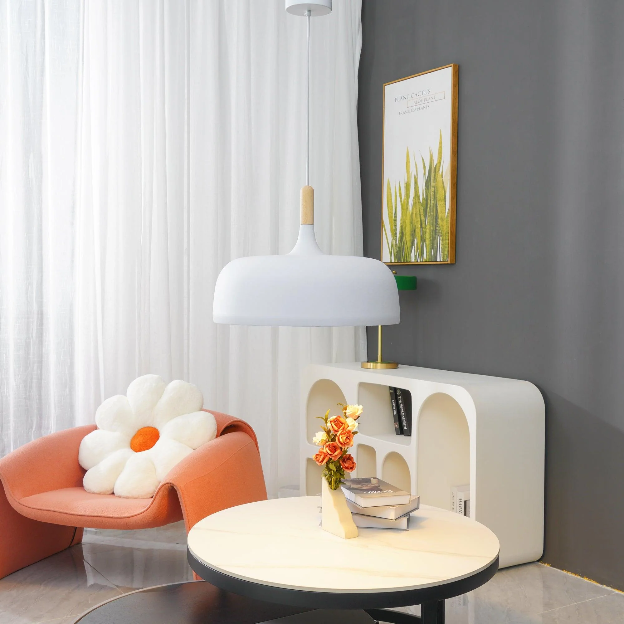 Lustra Pendant Lamp White Shade Wood - Image 35