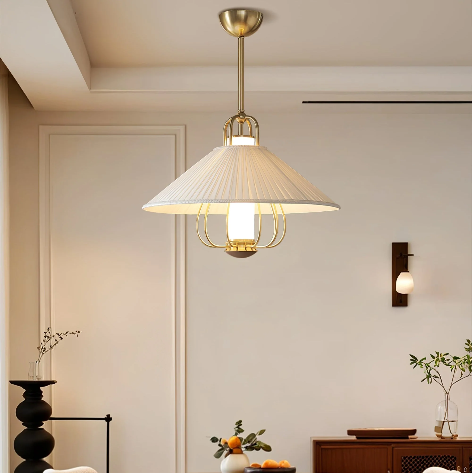 Lustra Pendant Light Fabric Gold LED Dining - Image 3