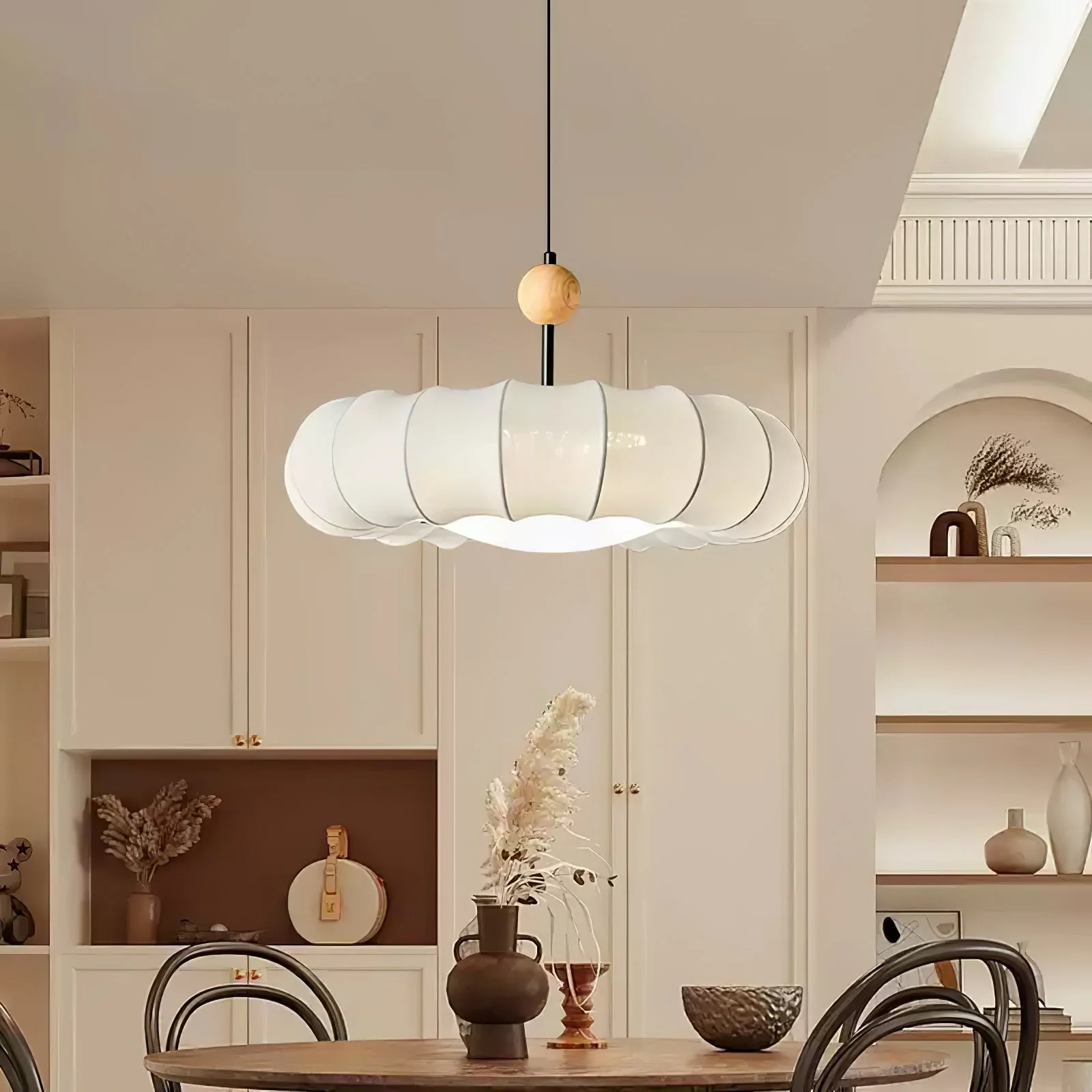 Lyvina Traditional Natural Veil Wood Fabric Pendant Light - Image 11