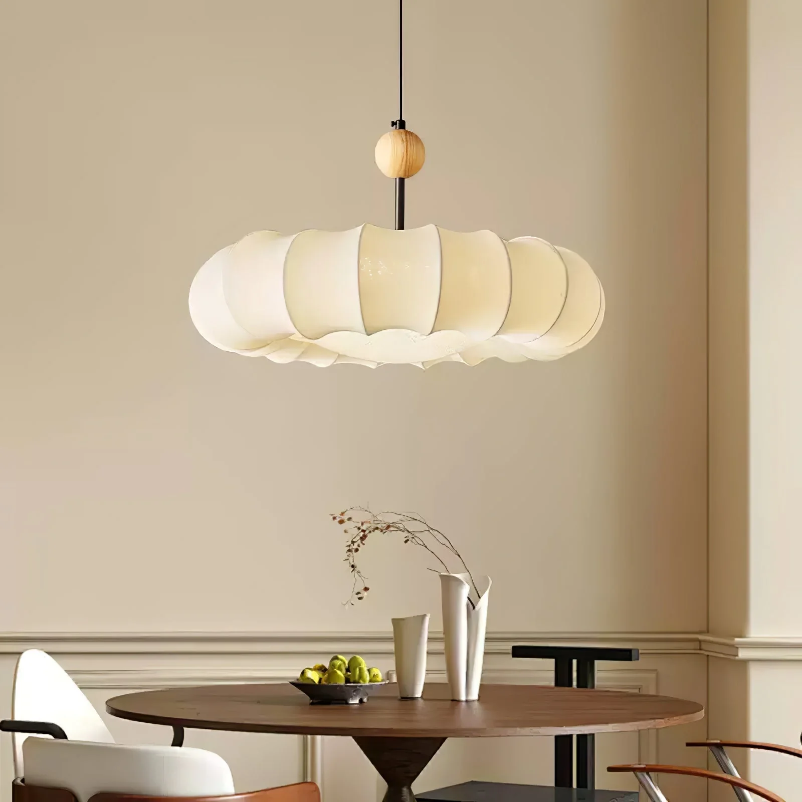 Lyvina Traditional Natural Veil Wood Fabric Pendant Light - Image 4