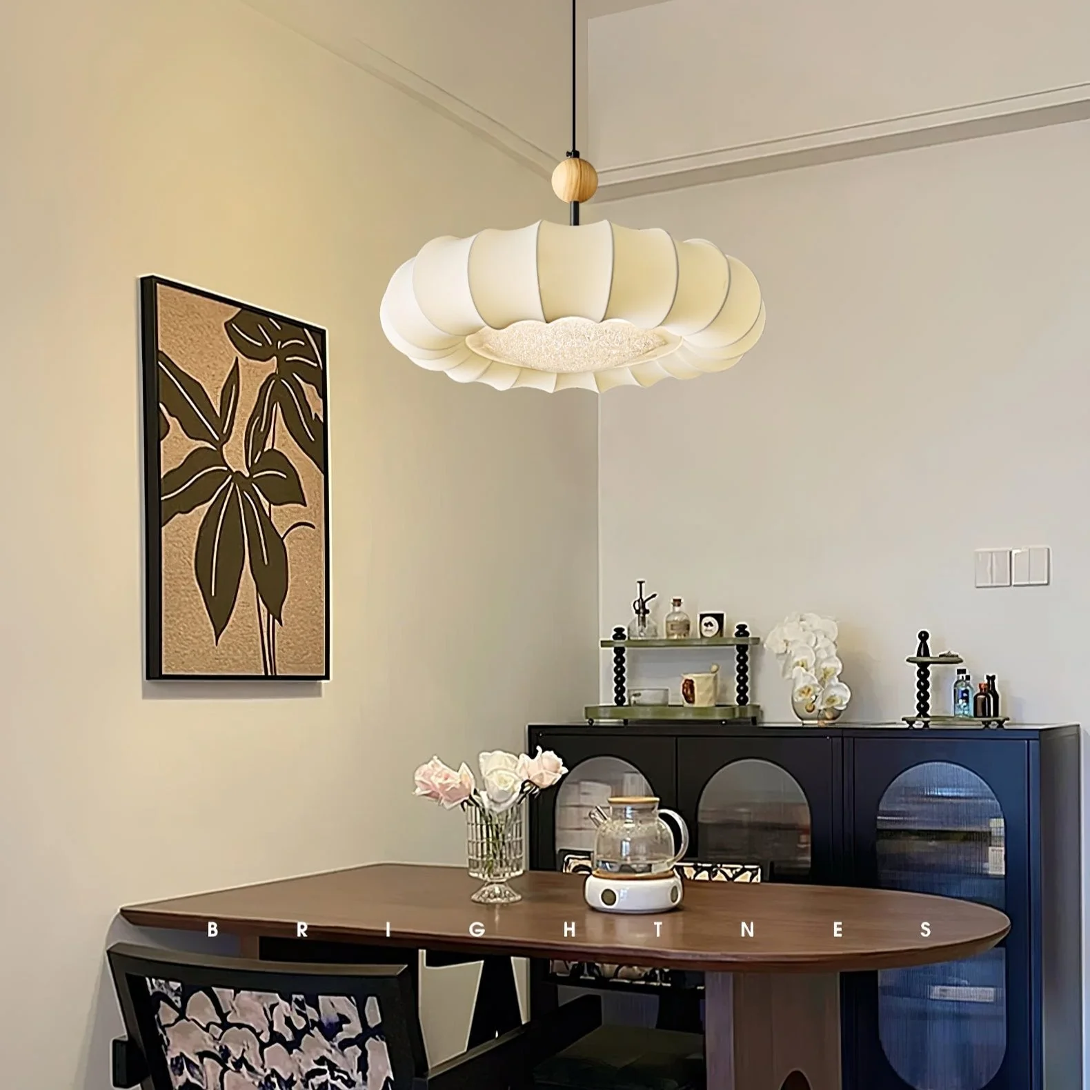 Lyvina Traditional Natural Veil Wood Fabric Pendant Light - Image 5