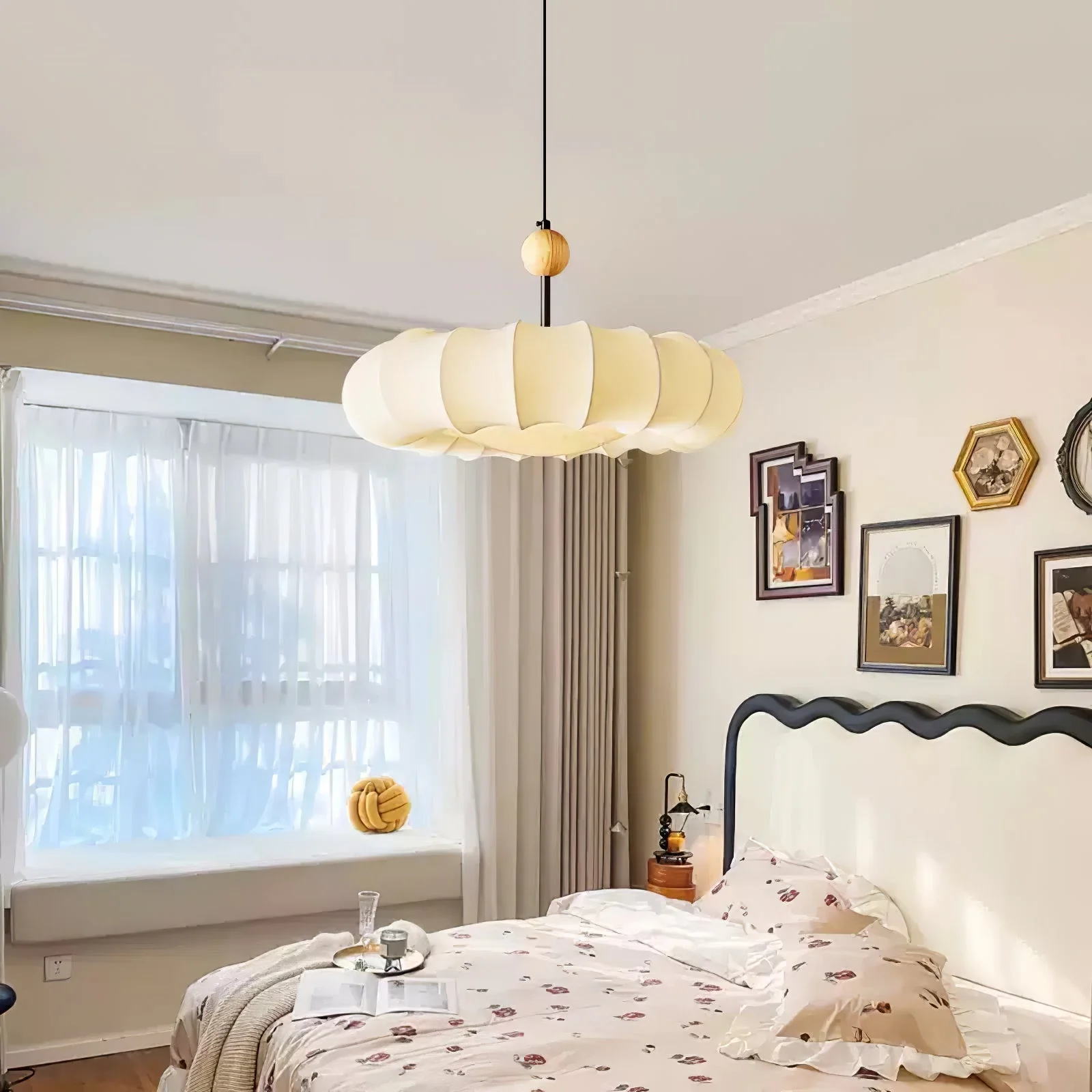 Lyvina Traditional Natural Veil Wood Fabric Pendant Light - Image 8