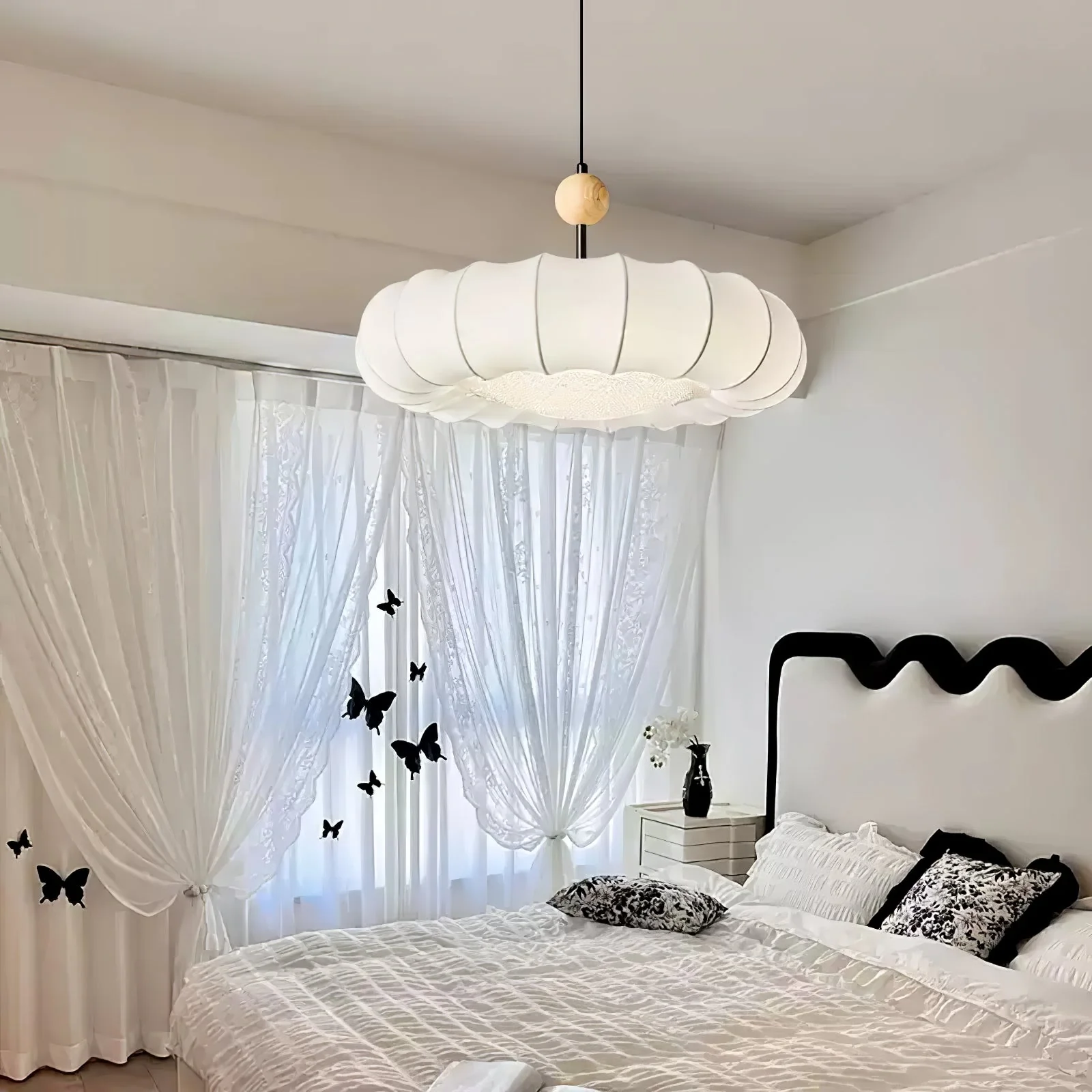 Lyvina Traditional Natural Veil Wood Fabric Pendant Light - Image 9