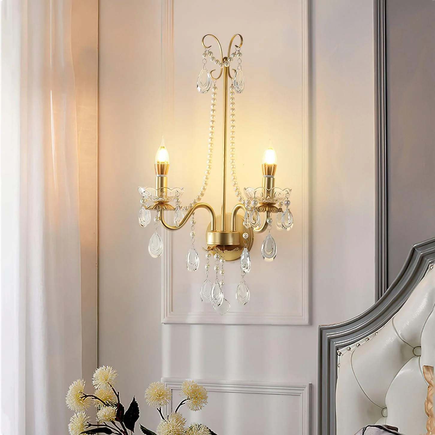 Nydoraris Elegance Pearl Chain Crystal Wall Lamp - Image 10