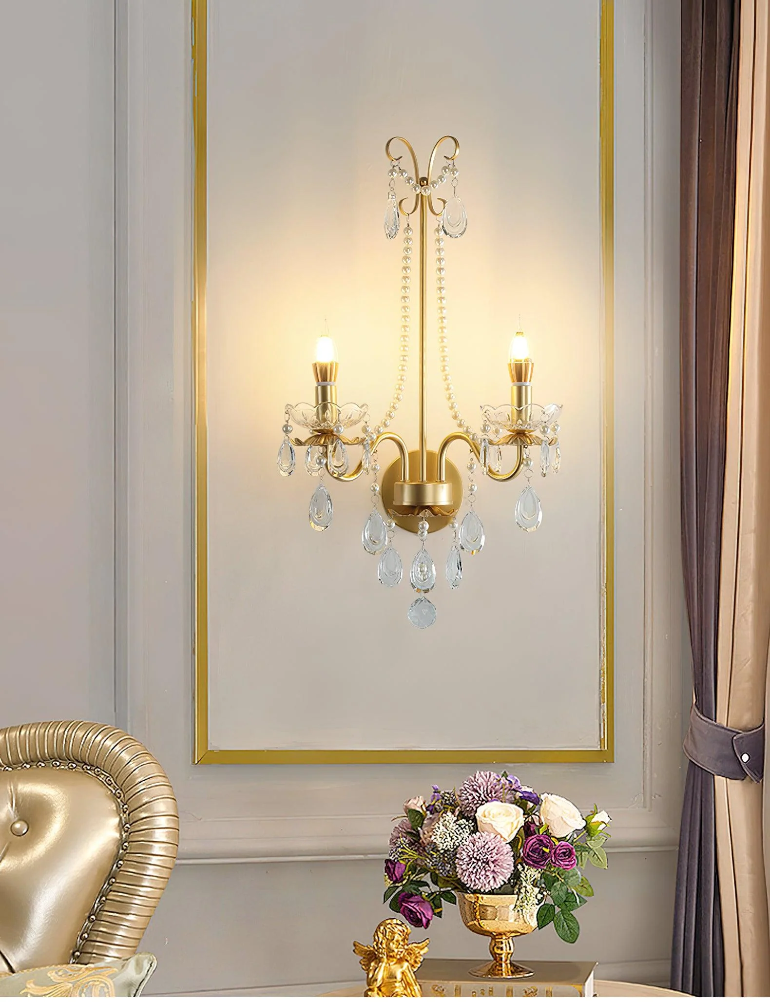 Nydoraris Elegance Pearl Chain Crystal Wall Lamp - Image 15